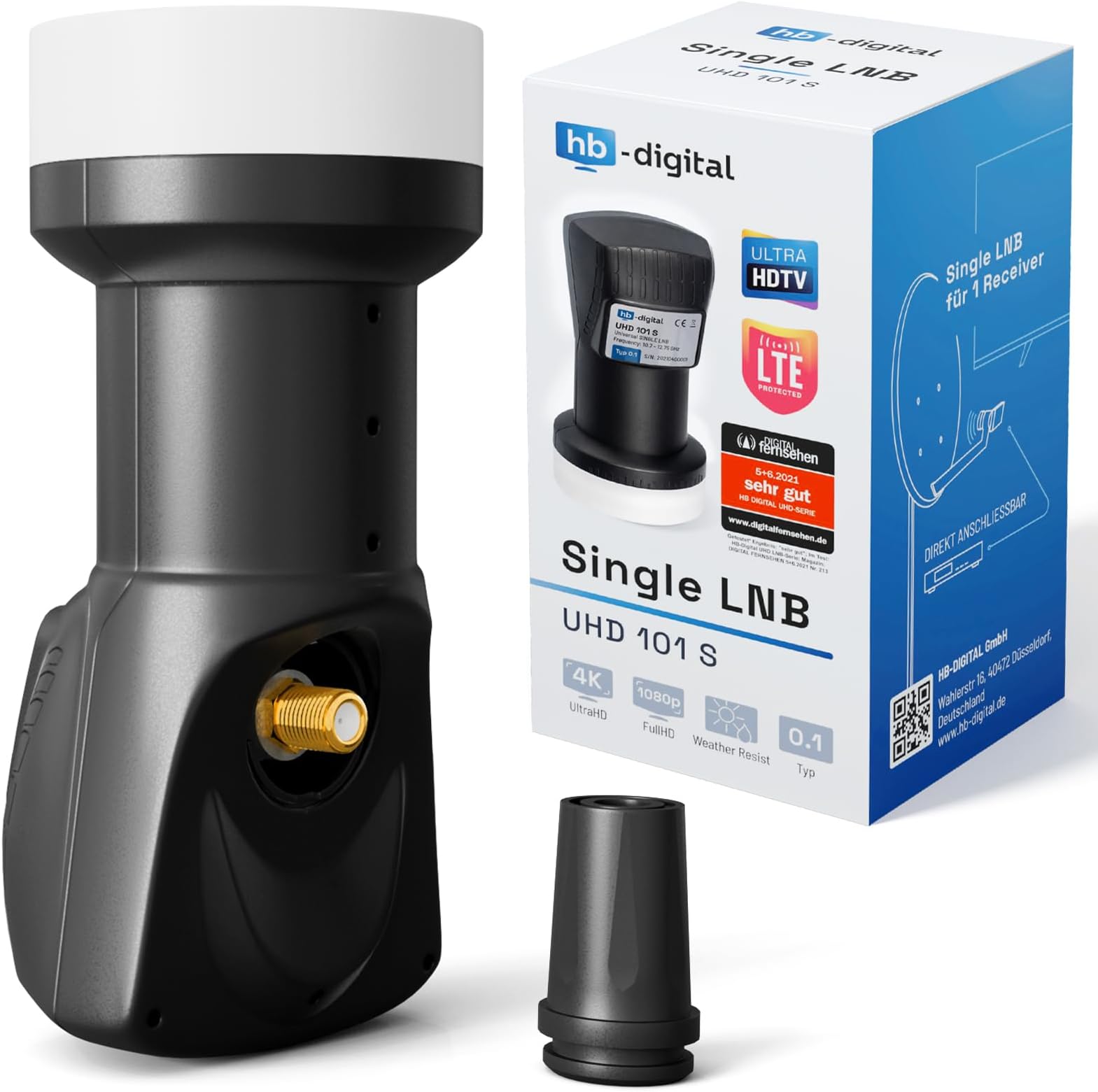 HB-DIGITAL Universal Single LNB Black - UHD 4K Full HD DVB-S/S2 - Noise factor of 0.1 dB - for satellite receiver (direct connection) - Gold-plated contacts - Weather protection