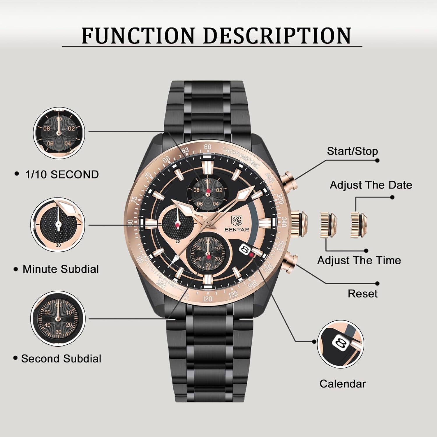 BY BENYAR Men Watch Quartz Chronograph Stainless Steel Strap Analogue Date Display Sports Leisure Business 30M Waterproof Elegant Gifts for Men All Gold