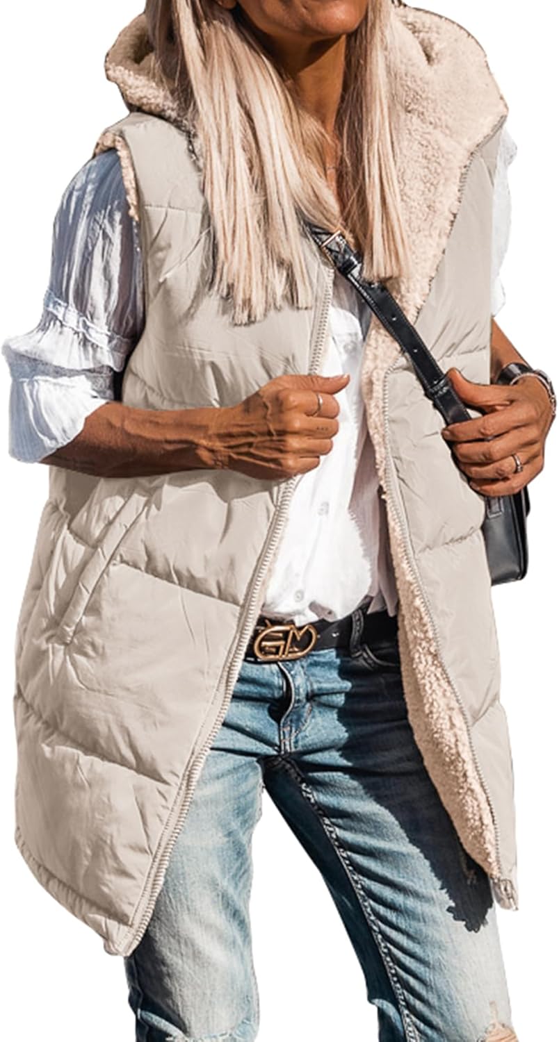 BTFBM Women Fall Reversible Vests Sleeveless Sherpa Fleece Jacket Zip Up Hoodie Long Warm Winter Padded Coat Outerwear BTFBM Women Fall Reversible Vests Sleeveless Sherpa Fleece Jacket Zip Up Hoodie Long Warm Winter Padded Coat Outerwear