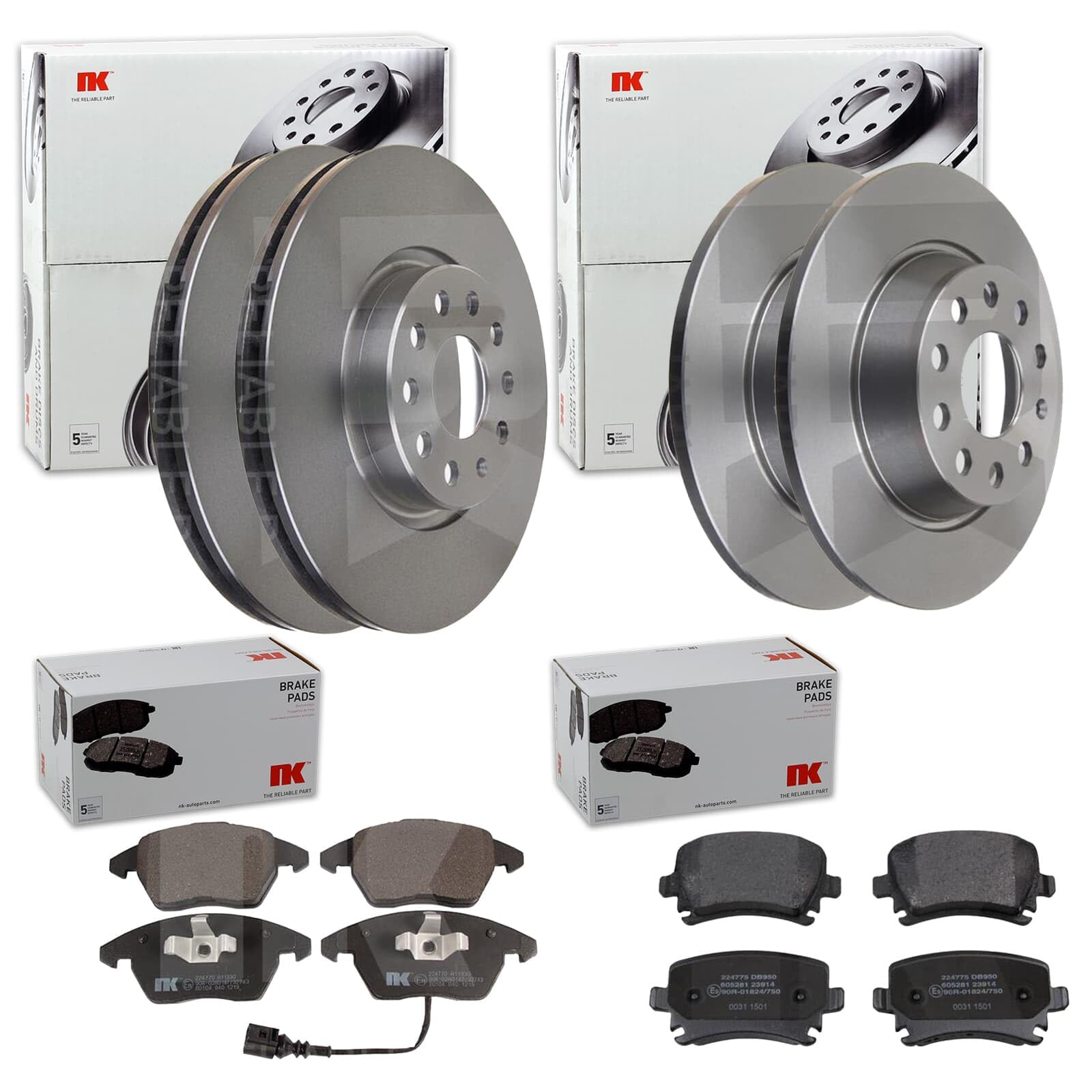 NK Bremsscheiben + Beläge vorne + hinten | 2047115 + 224770 + 2047133 + 224775 passend für Golf 6 Passat B7 365