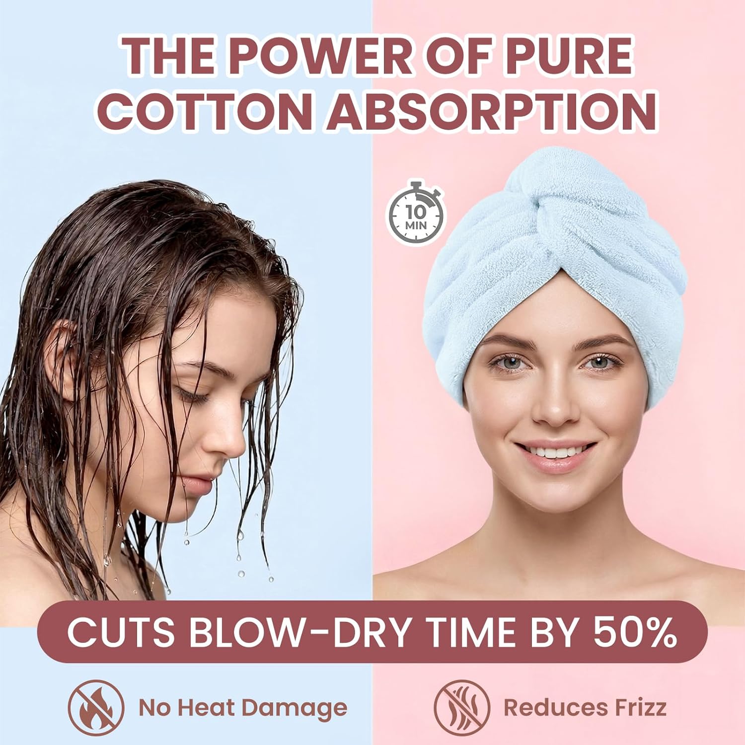 100% Cotton Hair Towel Wrap for Women, 2 Pack Super Absorbent Turbans