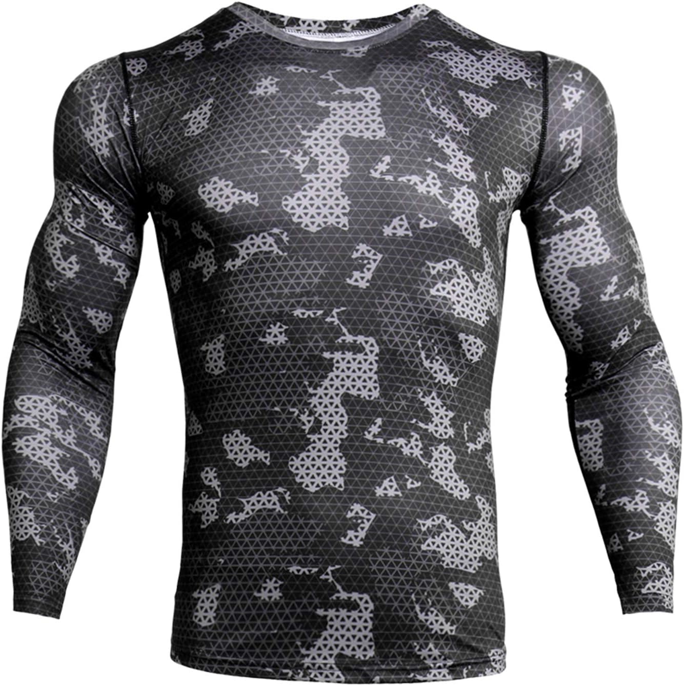 ZHPUAT Men’s Camo Compression Shirt Cool Dry Long Sleeve Baselayer T-Shirt for Men Grey Grid XXL