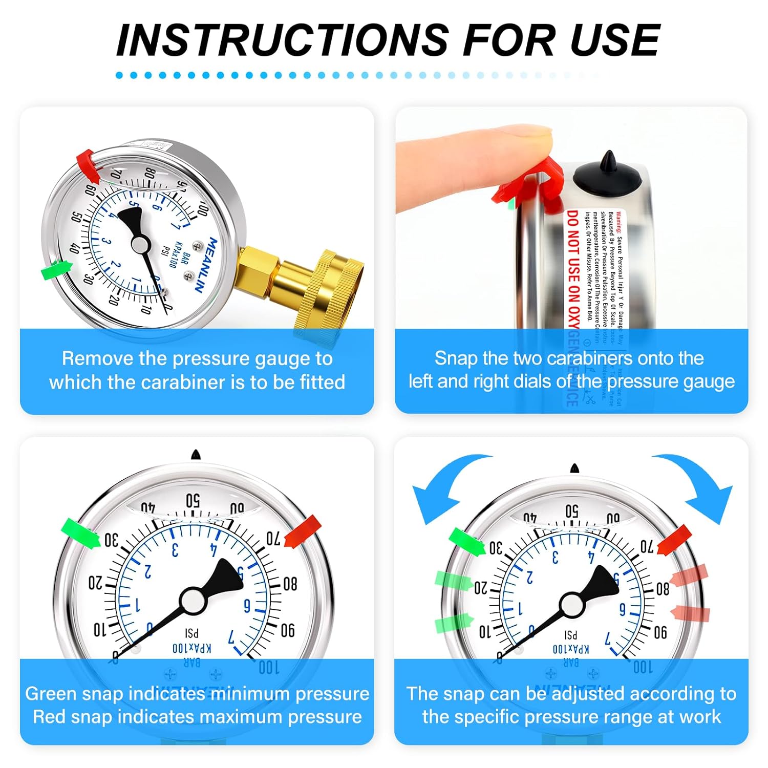 MEANLIN MEASURE 0~100Psi Stainless Steel Frame 3/4" Female Liquid Filled Pressure Gauge kit Plus 5 adapters, 2.5" FACE DIAL Multi-Purpose Pressure Gauge kit, Suitable for Gardens, Water Pipes, etc