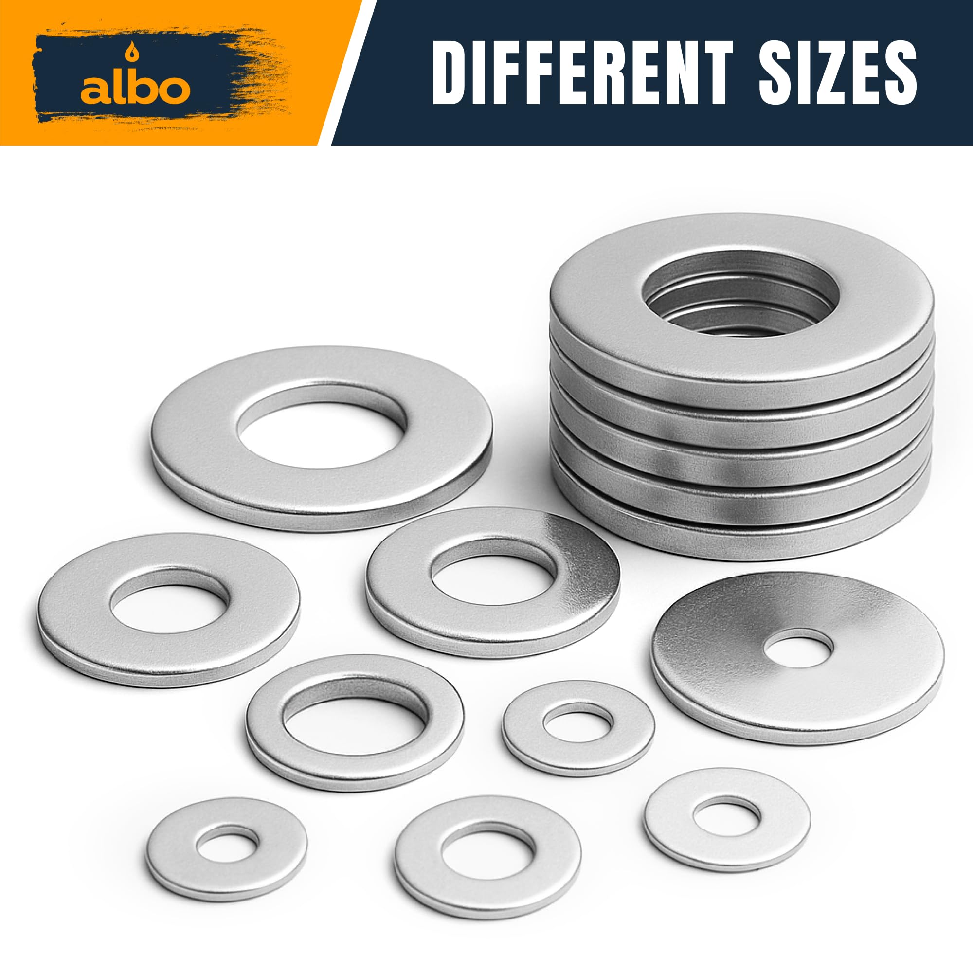 Assortiment de 500 rondelles d'aile en acier inoxydable – Lot de rondelles plates pour vis et boulons, en acier inoxydable 304, tailles assorties M3-M12, #6-#12, 1/4" à 1/2" pour une utilisation