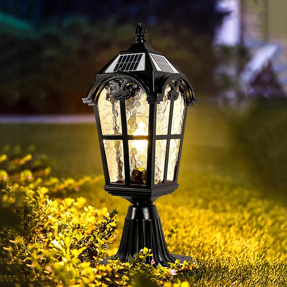 Lampa słoneczna do ogrodzenia ściennego górne czarne oświetlenie zewnętrzne do słupków tarasowych i ogrodowych Lampa solarna na filarze Vintage latarnia ogrodowa ze szkłem do dekoracji