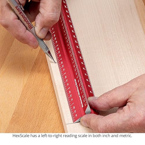 Miniatura 3 de Woodpeckers Regla de escala hexagonal, 12 pulgadas11.811 in, regla de carpintería 6 en 1 con escalas de tope, pulgadas, métricas y centradas,
