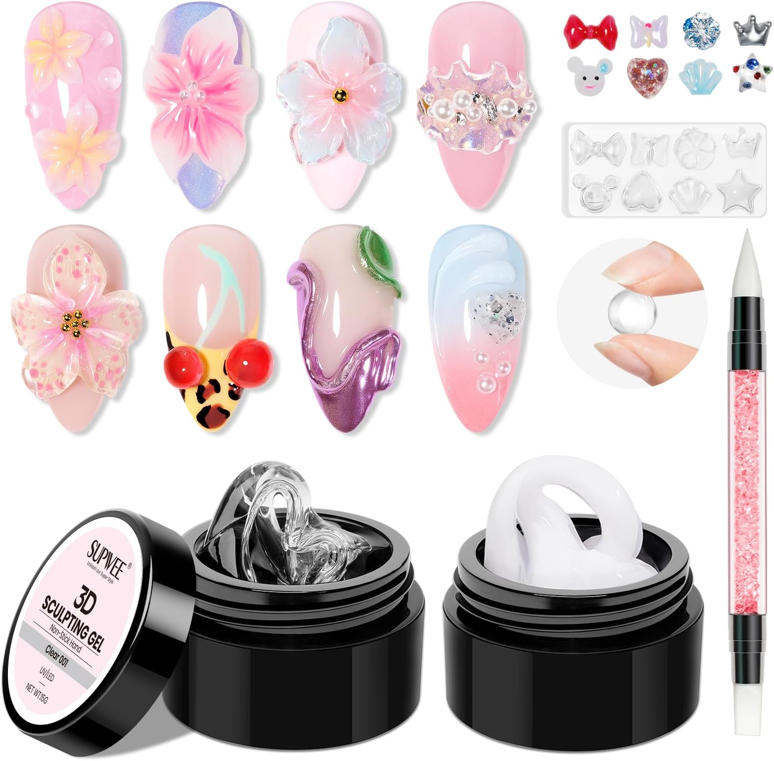 3D Nail Gel Sculpting Gel for Nail Art, Clear & White Solid Gel | Non-Sticky Extension for Carving Molding with Silicone Mold Silicone Pen Designs DIY Manicure at Home