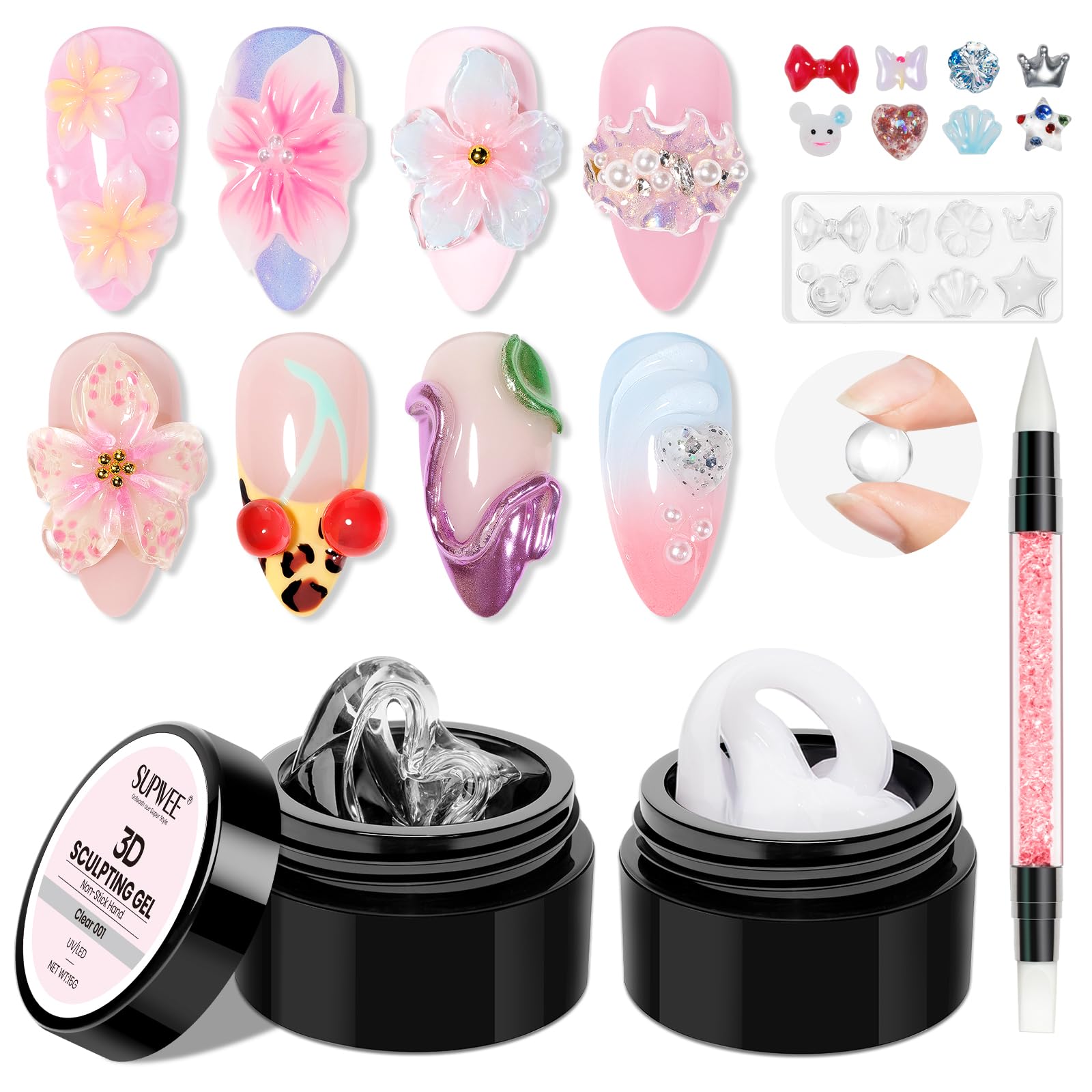 SUPWEE Żel 3D do paznokci, wielofunkcyjny, nieprzywierający, solidny żel z silikonową formą, pisak silikonowy, biały, przezroczysty, do modelowania paznokci 3D, do salonu "zrób to sam", 15 g