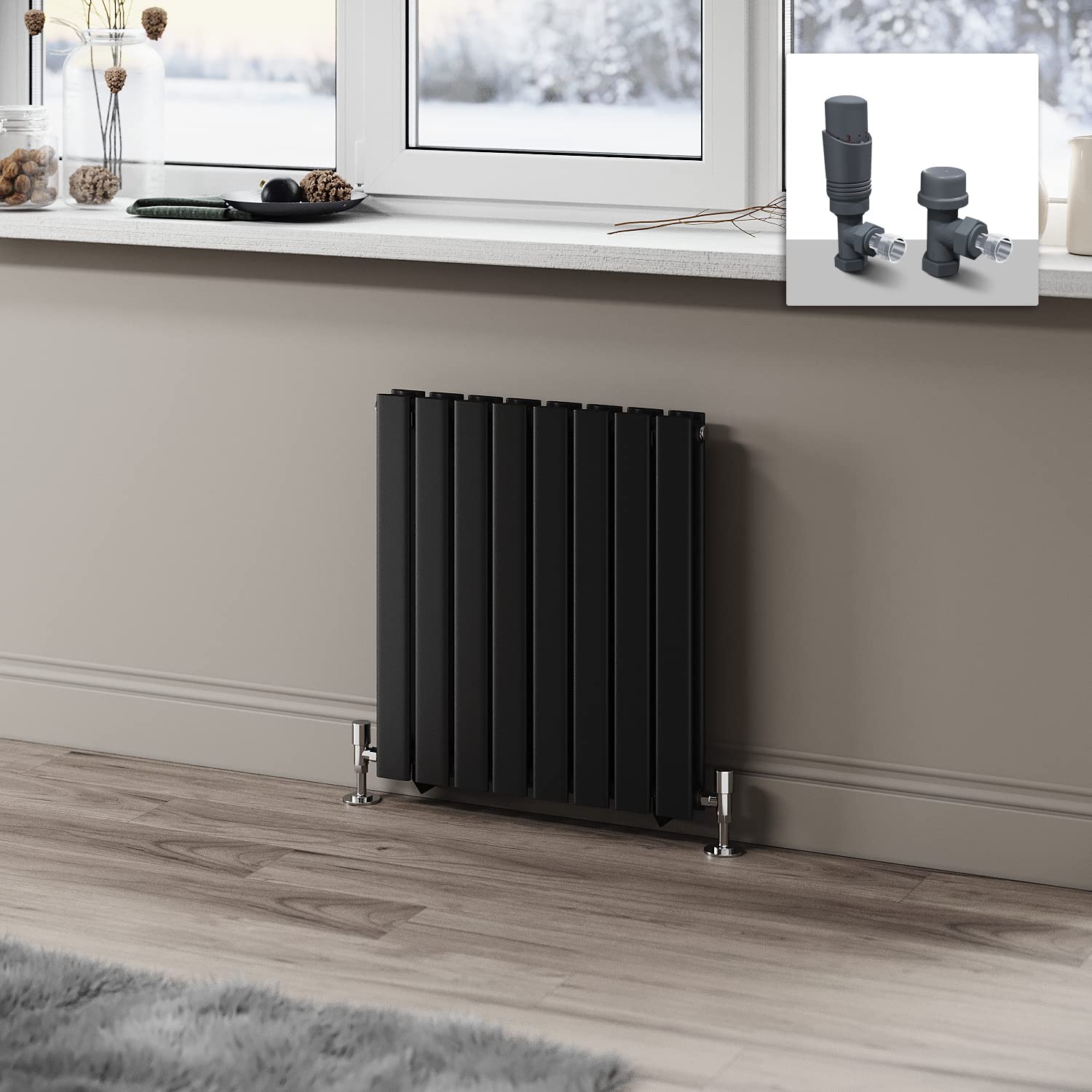 ELEGANT 600 x 544mm Radiator Black Horizontal Radiator Flat Panel Designer Radiator Double Panel Central Heating Radiator with Anthracite Thermostatic Valves