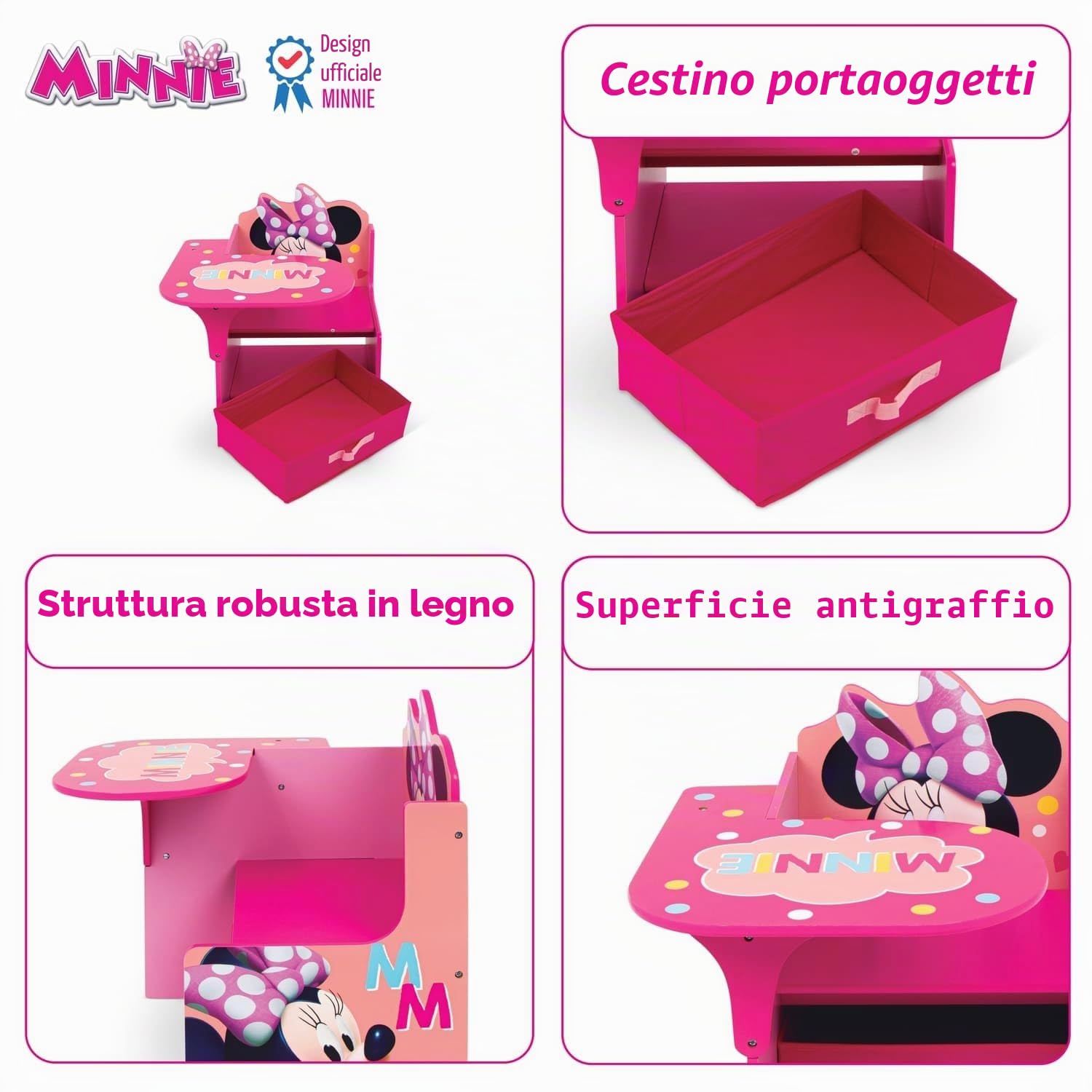 ARDITEX - Sedia-Banco infantile in legno con contenitore in tessuto di Minnie Mouse di Disney - 62x30x60cm - Colore Rosa - Ideale per attività creative, studio o gioco.