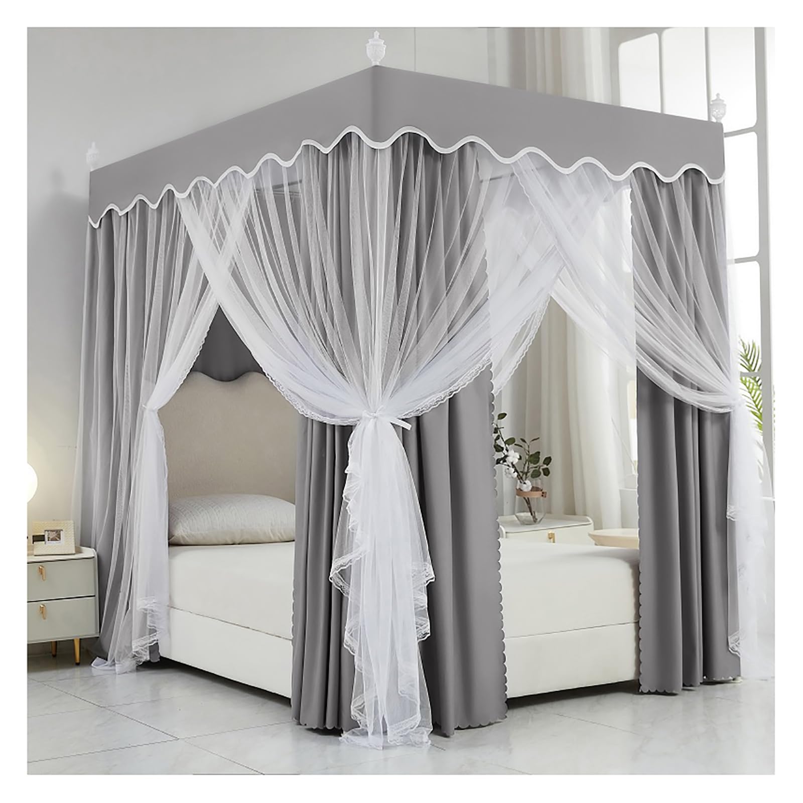 GJMSSMY Canopy Bed Curtains, Bedroom Princess Mosquito Net with Frame 4 Poster Bed Canopy for Girls Bed Canopies & Drapes for Full/King/Queen Size Bed(Size:180×200×200cm,Color:Grey)