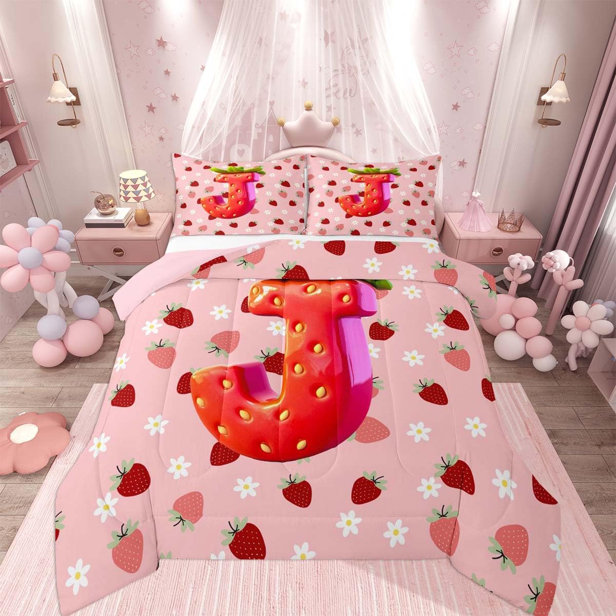 Feelyou Cute Girls Strawberry Comforter Set All Season Pink Red Princess Strawberry Bedding Set with 2 Pillow Cases Initial Letter J Microfiber Kids Queen Bedclothes Bedroom Decor Duvet Quilt Soft