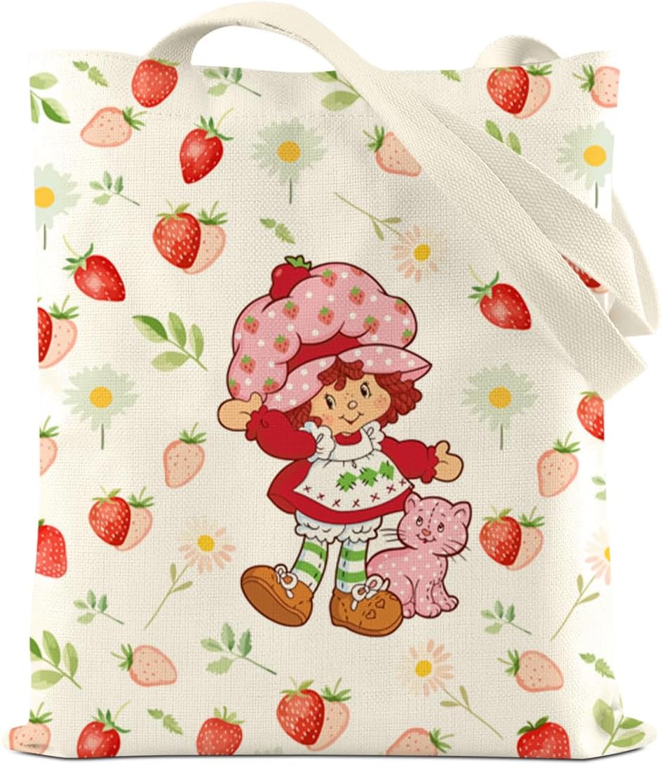 LONGXIN Cute Strawberry Tote Bag for Women, Kawaii Accessories Strawberry Gifts, Reusable Canvas Cute Shoulder Bag for Shopping, Grocery, Work, Book