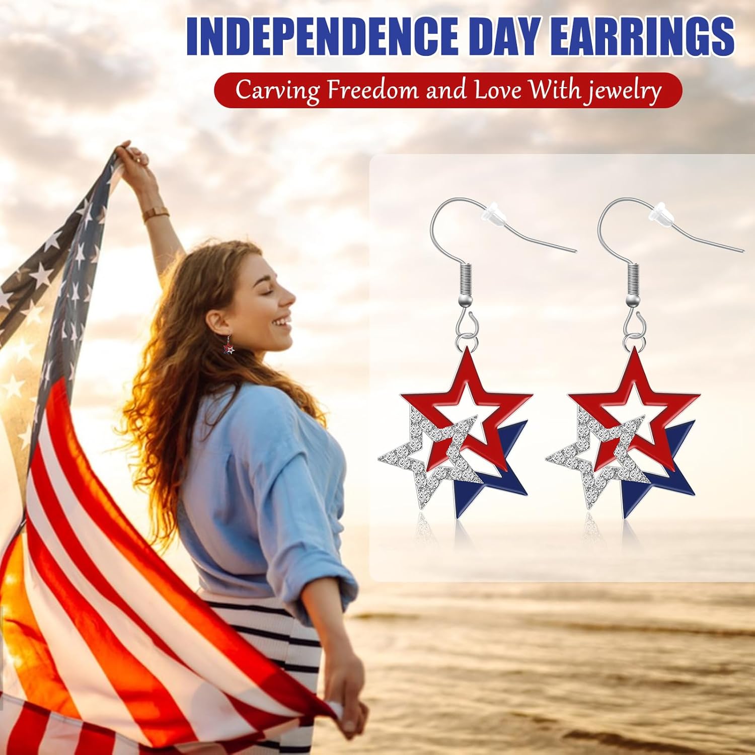 4th of July Earrings, July 4th Independence Day Accessories, Patriotic Earrings for Women, Red White and Blue Metal American Flag Earring, Patriotic American Flag Star Jewelry - Image 4
