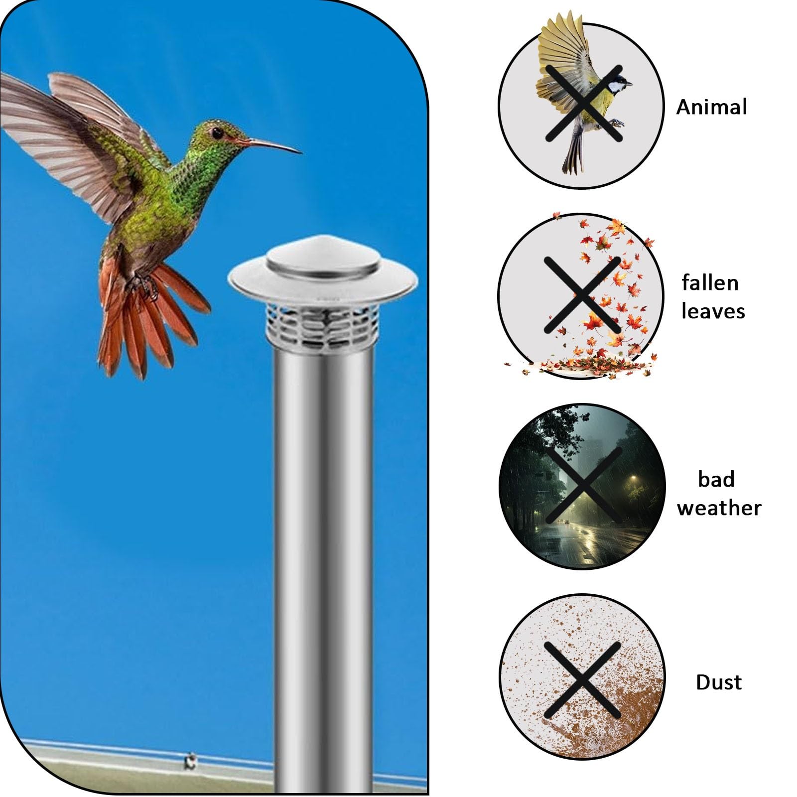 Tapa de chimenea de acero inoxidable, tapa de lluvia redonda de 2.5 pulgadas para protección de chimenea, tapa de ventilación de techo fácil de instalar para estufas y aplicaciones al aire libre