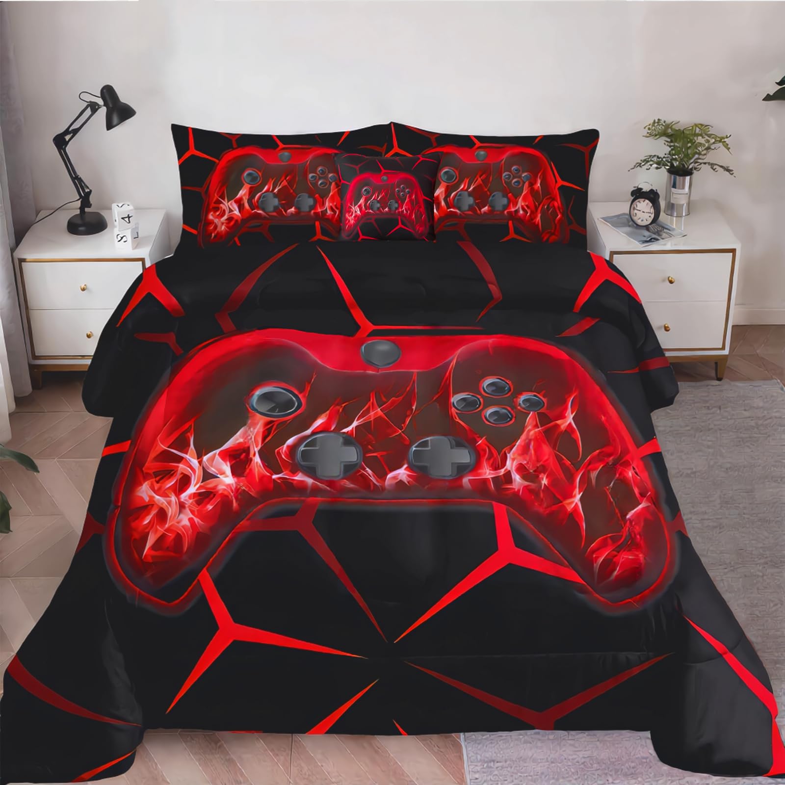 ZRNBAST 6 Pcs Gamer Comforter Set Full Size Game Console Comforter Set Red Flame Geometric Gamepad Microfiber Bedding Sets Teen Gamepad Gaming Bed in