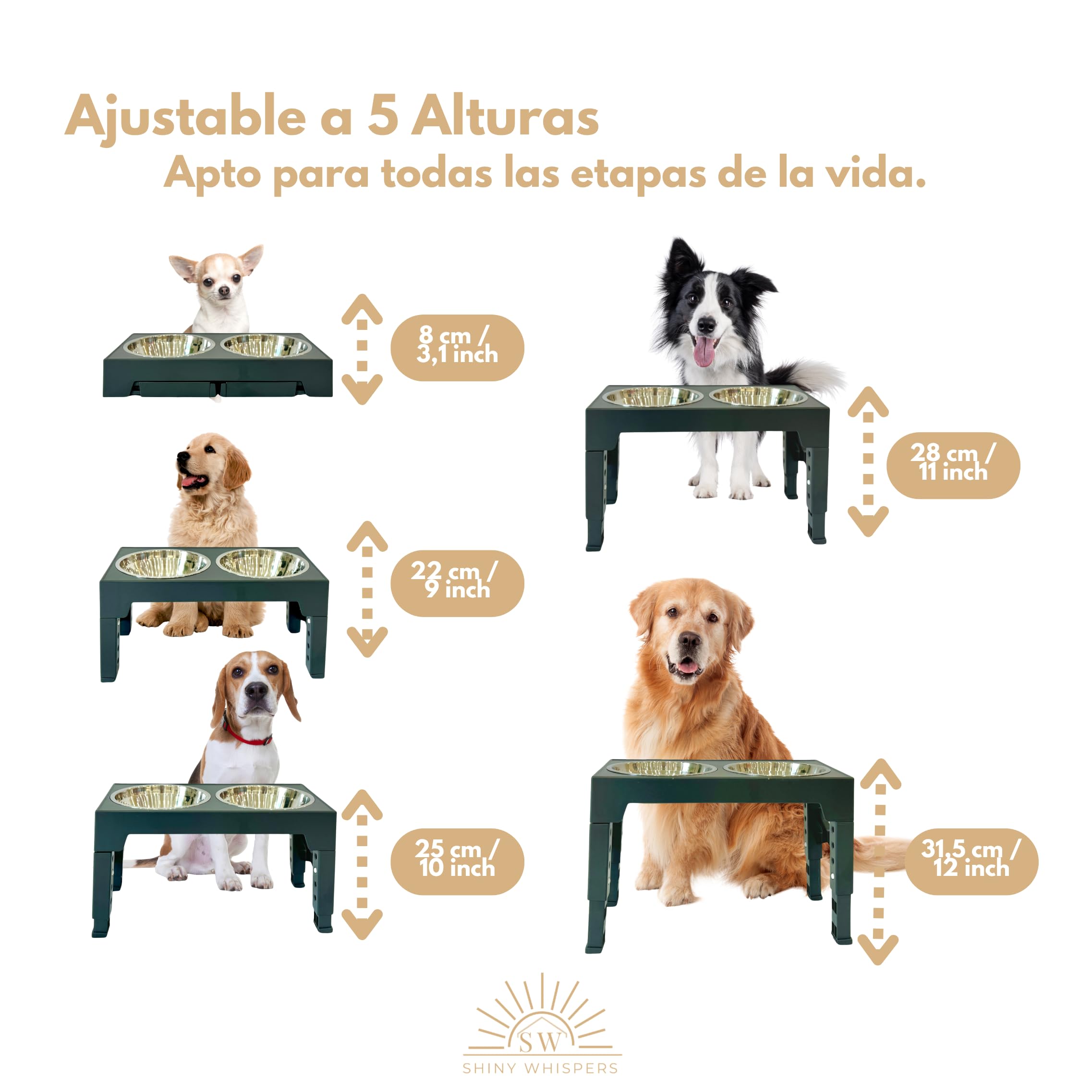 Shiny Whispers Comedero Perro Elevado de 5 Alturas Ajustables, 2 X 1200ml. Bebedero Antigoteo de Acero Inoxidable, 2 Cuencos Elevados para Perros Pequeños, Medianos y Grandes, Gris