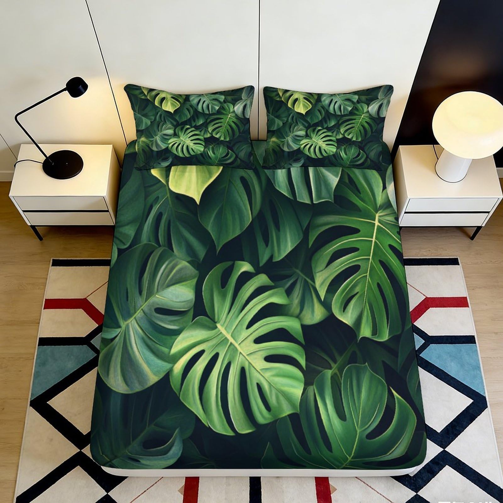 3D Printed Tropical Leaf Fitted Sheet Microfiber Soft Breathable Jungle Pattern Mattress Cover for Bedroom Dormitory Guest Room Bed Protection Decor 140x200x25cm