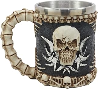 Ebros Evil Grinning Tribal Skull Mug Beer Stein Tankard With Skulls Skeletal Spine Bones Handle Coffee Cup 11 Ounces For Drinks Beverage Holder Container