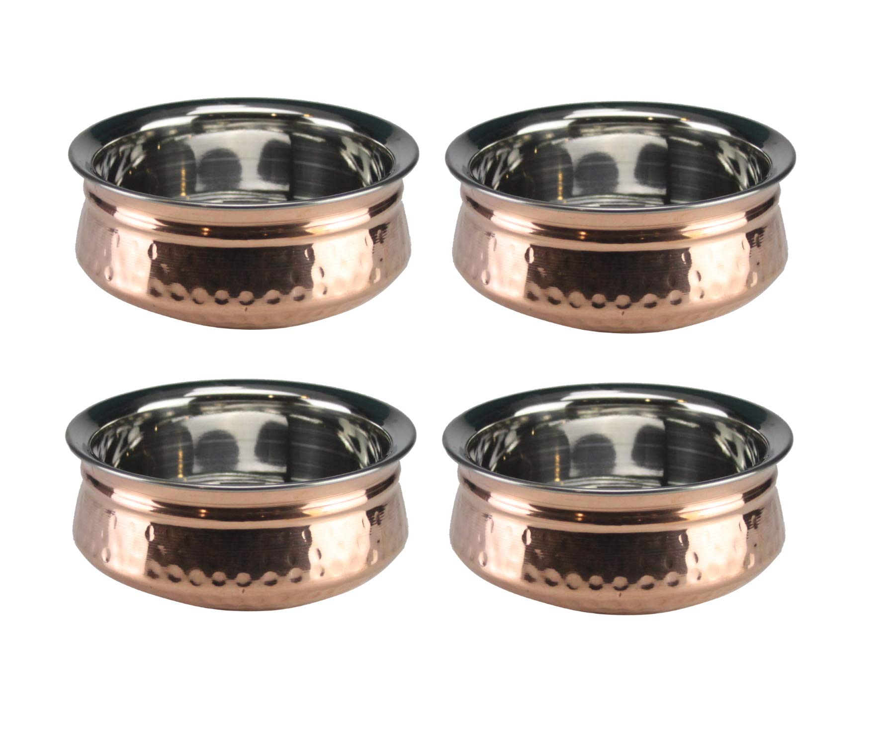 GK Global Kitchen Hammered Copper Serving Handi Double Wall Balti Dishes Curry Serving Bowls Indian Stainless Steel Multipurpose Rim Serving Bowls Set 13cm/15cm/17cm (4, 15cm)