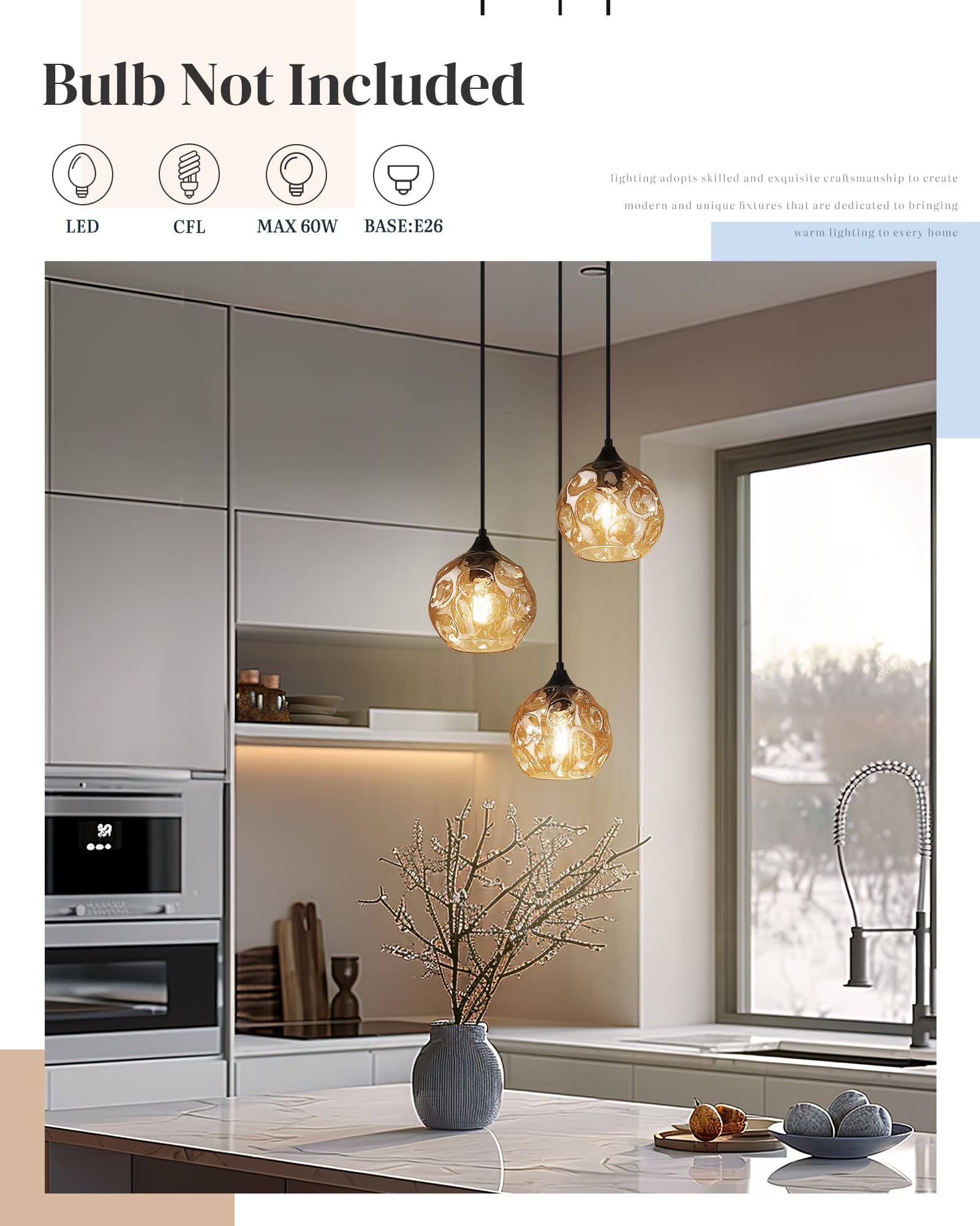 Lámpara colgante de 3 luces con cristal martillado, iluminación colgante lineal para comedor en acabado ámbar, DYE287G2-3 BK 2