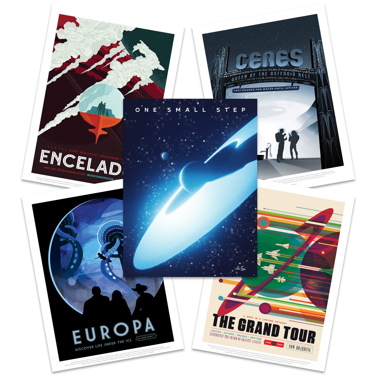 Artery8 NASA Space Grand Tour Travel Exploration Exoplanet Art Print Poster Home Decor Premium Pack of 5 - includes Custom 50th Anniversary Apollo 11 Moon Landing Print
