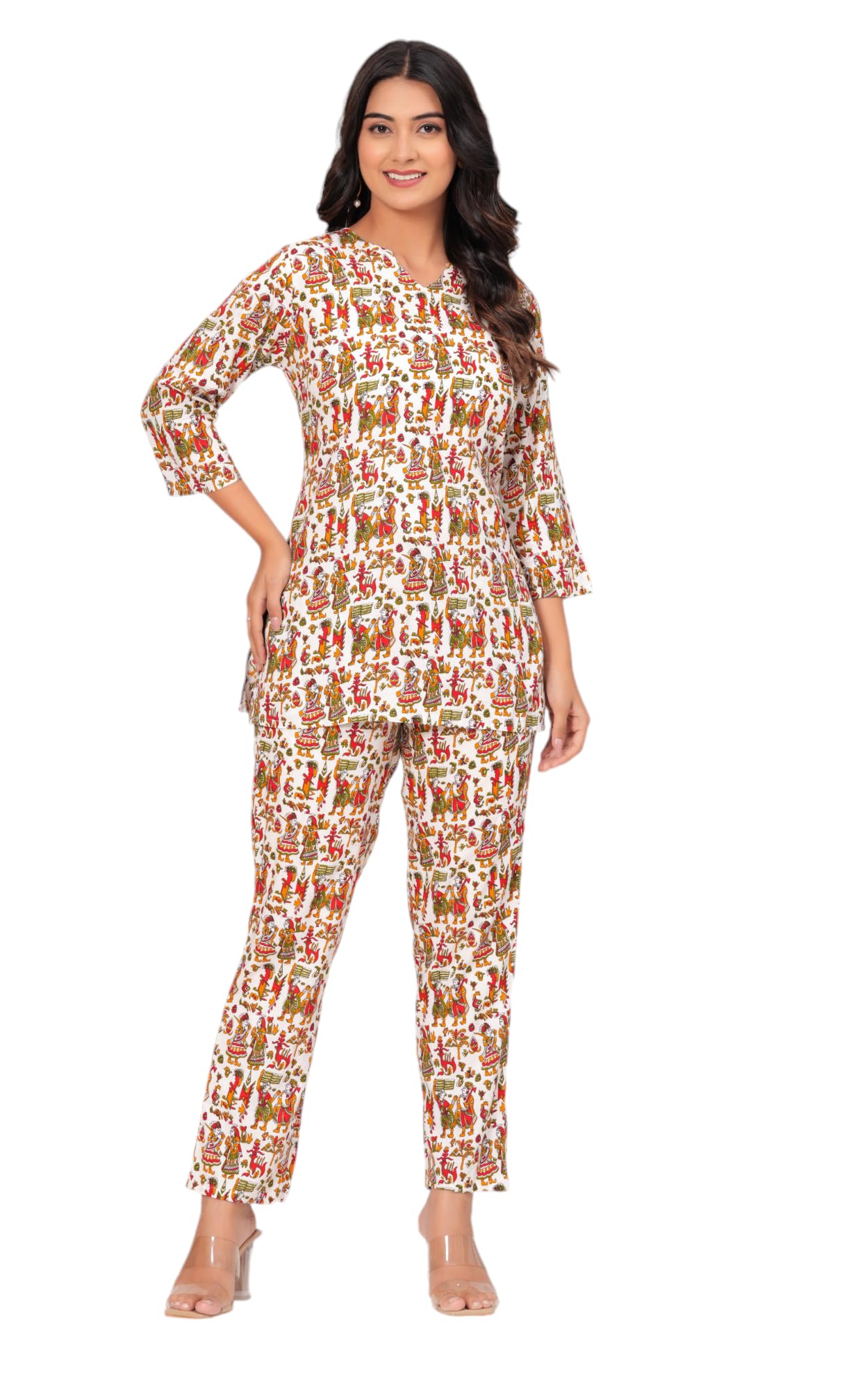 Jikonet Women Cotton Printed Co-Ord Set Kurta Set With Pant Set (White, Small)
