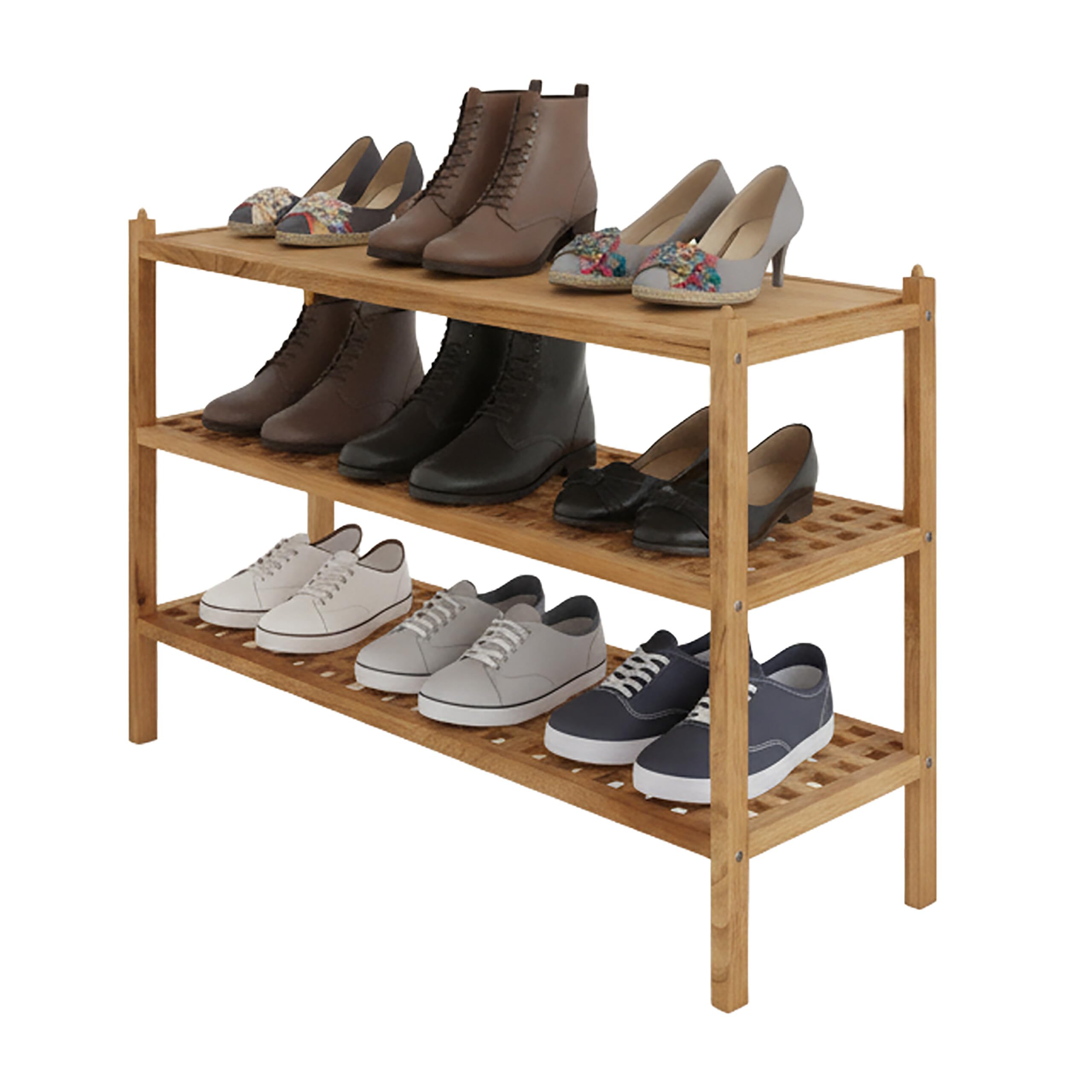 Relaxdays Shoe Rack, Walnut Wood, Holds 9 Pairs, 3 Tiers, Stackable, 46x69x26 cm, Natural