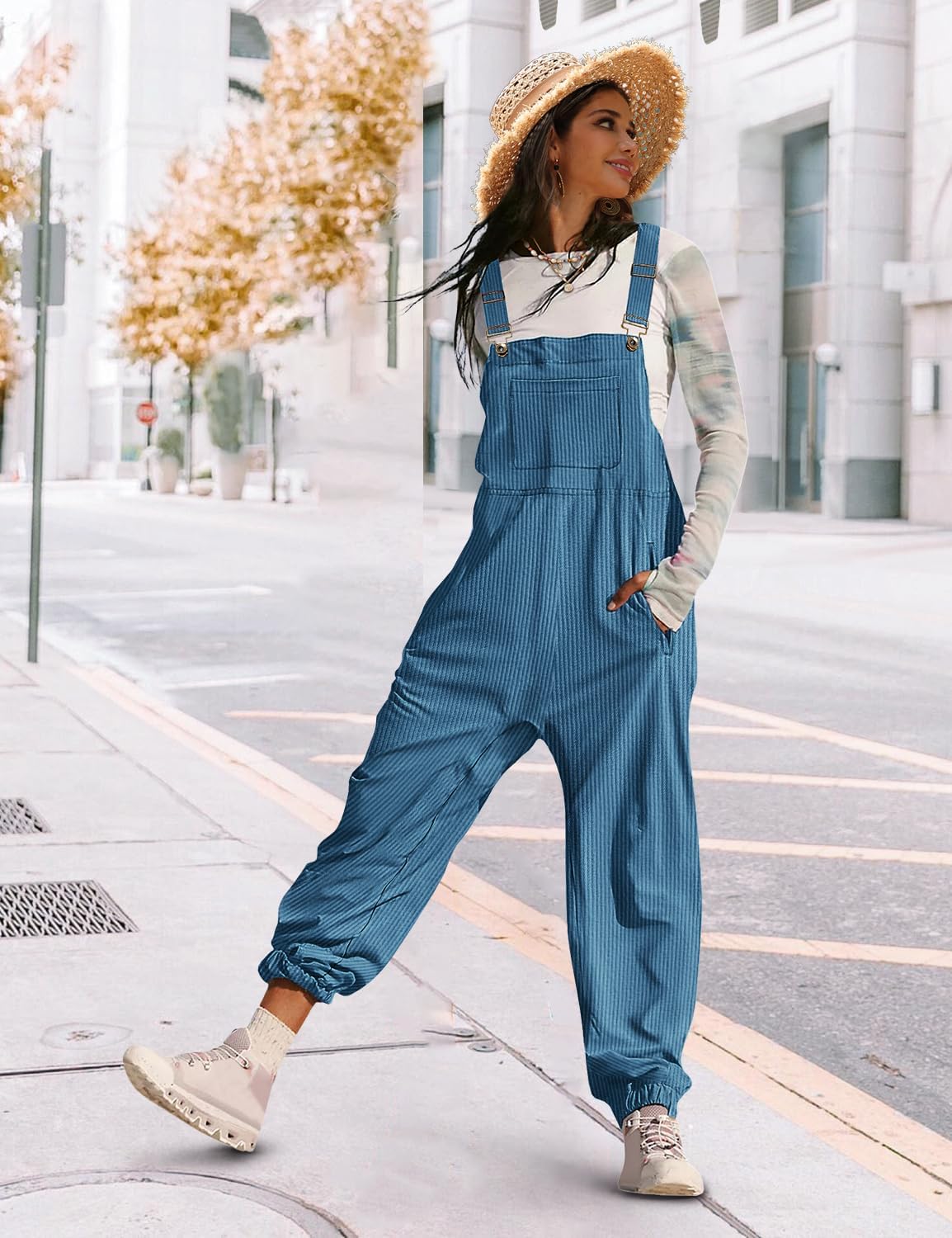 YESNO Women's Casual Corduroy Overalls Sleeveless Adjustable Straps Loose Harem Bib Jumpsuits for Women with Pockets PCL - Image 2