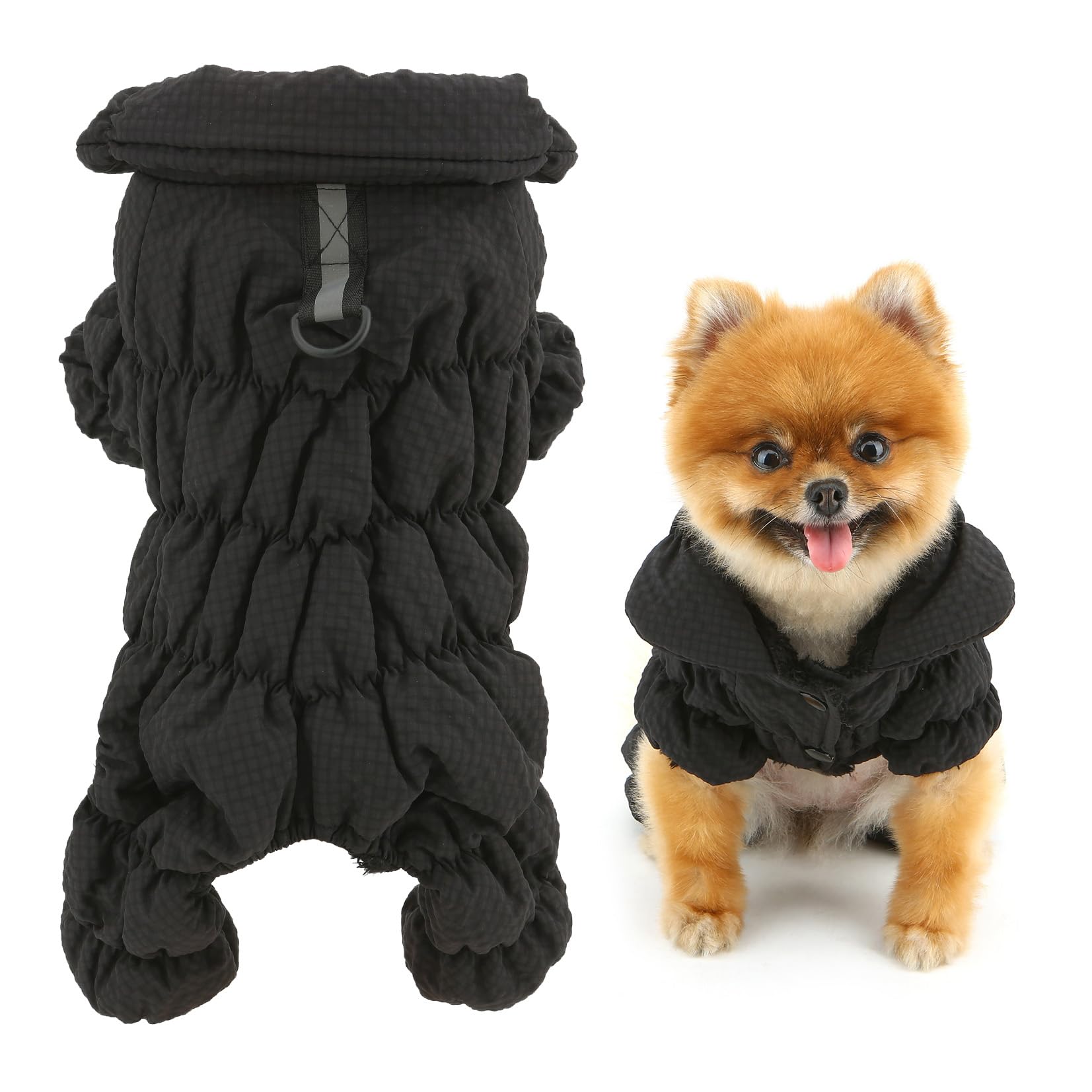 SMALLLEE_LUCKY_STORE Fleece Lined Pet Coat Waterproof Sport Winter Jacket with Harness D-ring for Small Dog Cat Reflective Jumpsuit Puppy Padded Chihuahua Yorkie Warm Clothes, Black, L