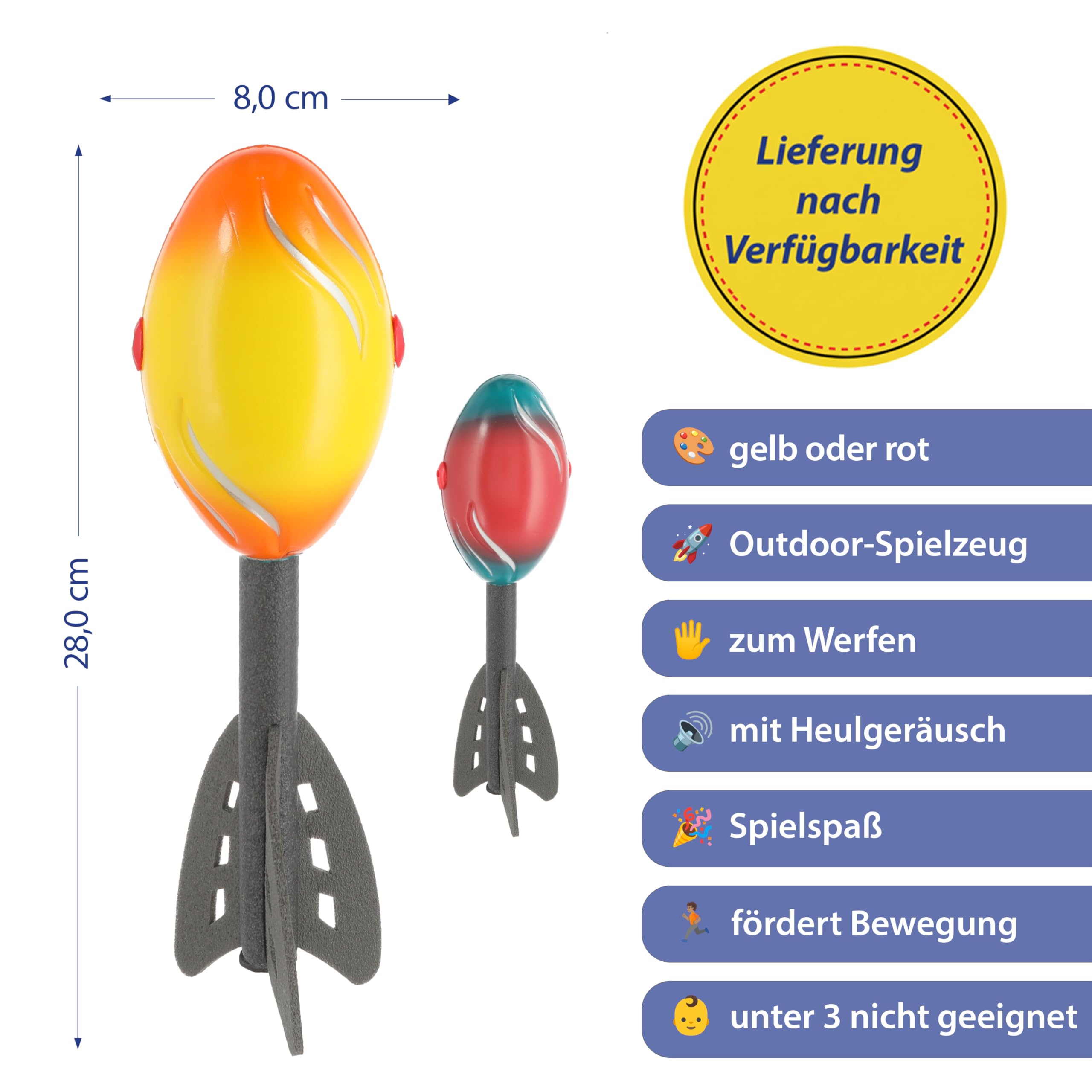 Heuler Lot de 2 fusées de lancer en plastique rouge et jaune 28 cm jouet d'extérieur avec sifflet