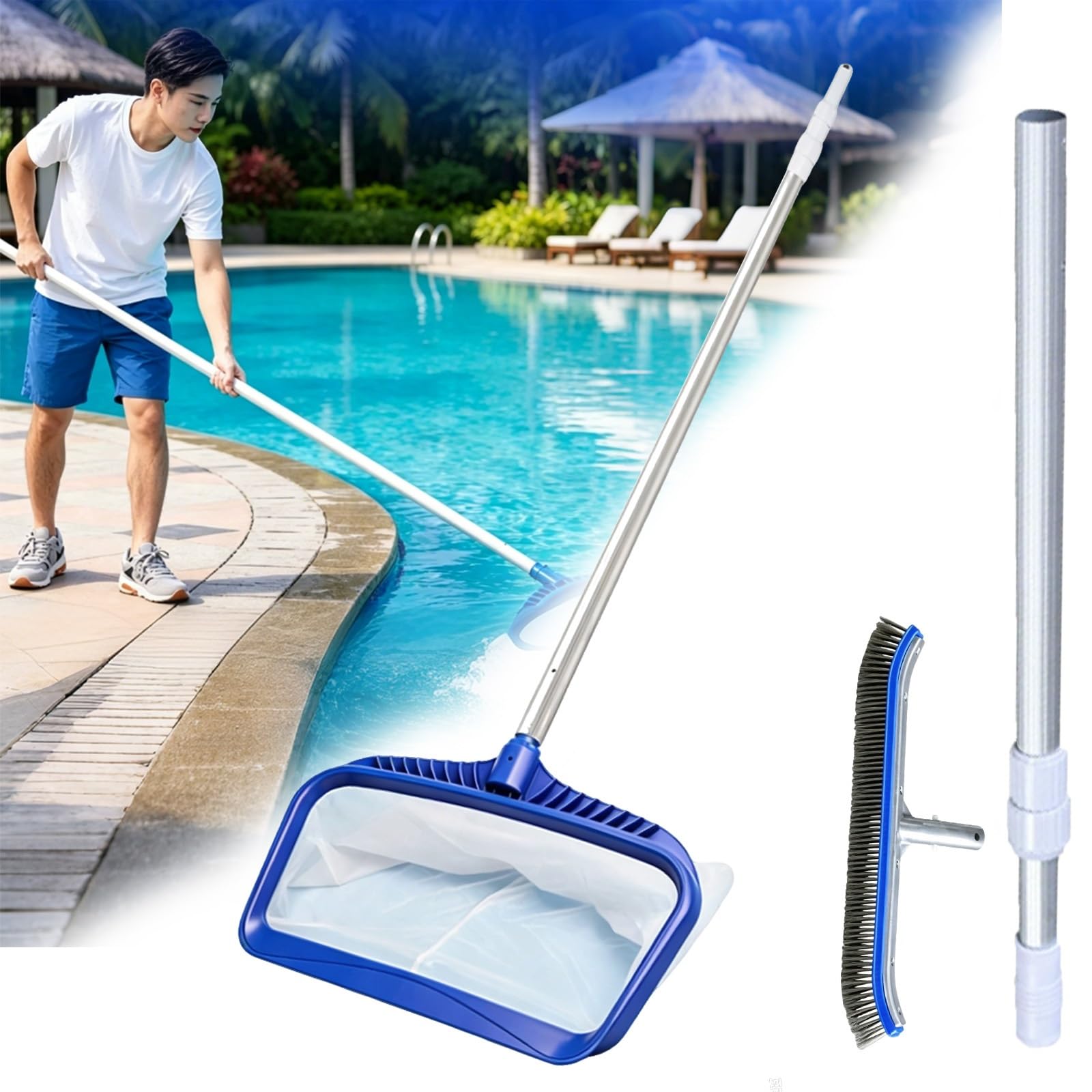 Lzmzmq One Color 3-In-1 Portable Pool Clean Kit，16.5" Deep Pool Skimmer And Brush Set With Pole, Complete Pools Cleaning Equipment For Daily Pools Maintenance(2.9M/9.5Ft)