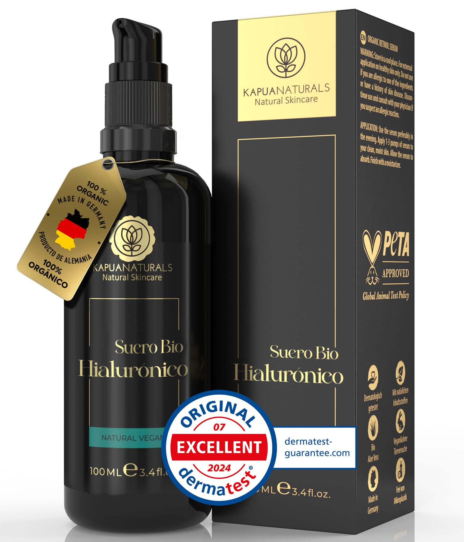 Serum Acido Hialuronico • 100ml • Orgánico • Serum Facial ácido hialurónico • Vegano • Cosmética natural y sostenible • Suero facial antiarrugas con Aloe Vera para hombres y mujeres