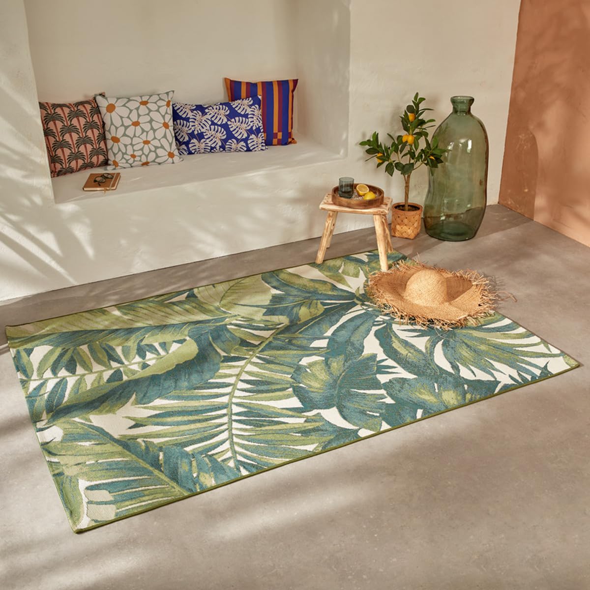 Atmosphera - Tapis Intérieur Et Extérieur Kepa 150 x 100 cm, Motif Végétal, Déperlant - pour Salon, Terrasse, Balcon