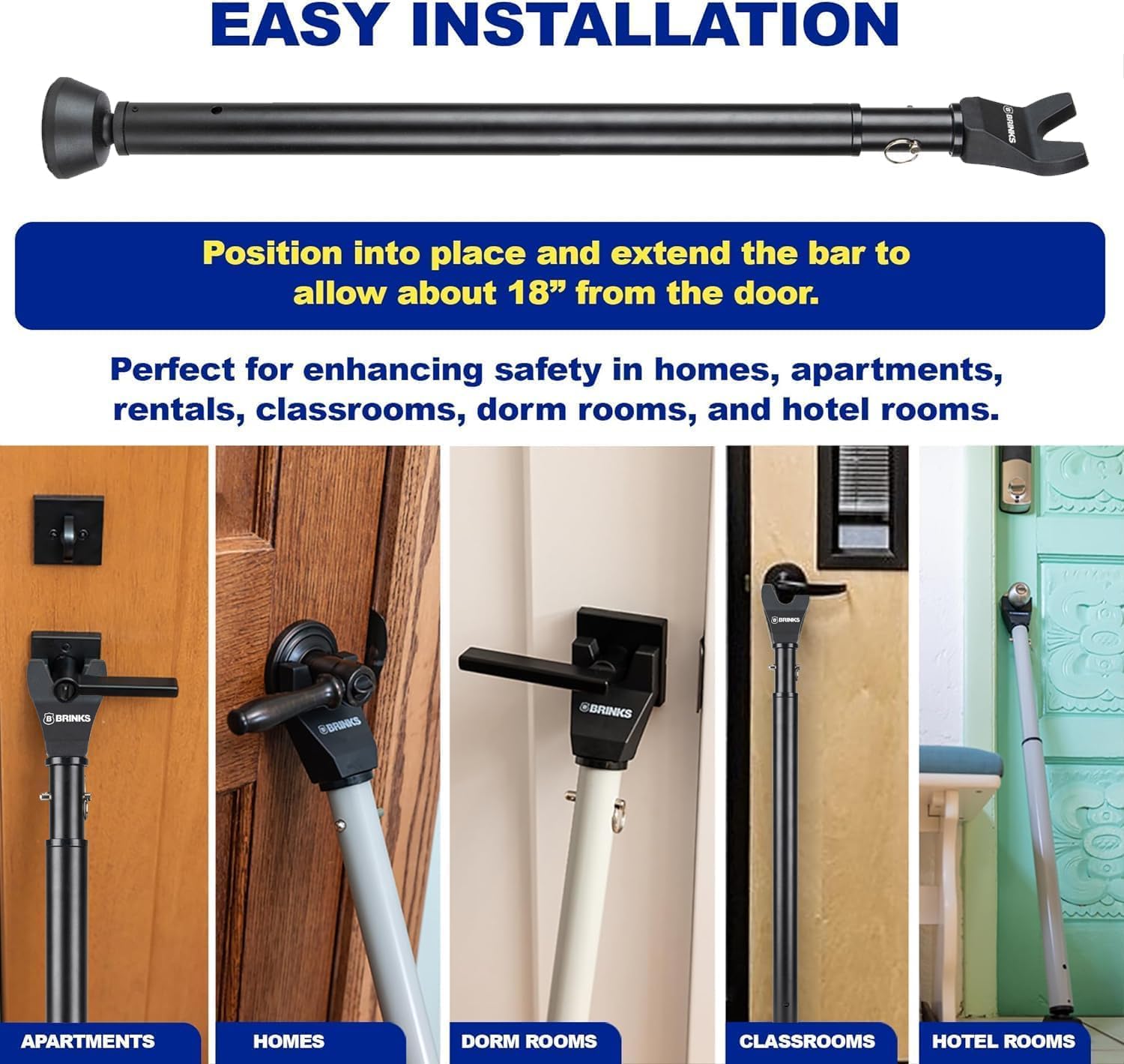 BRINKS Door Security Bar - Adjustable Brinks Door Security Bar for Travel, School, Dorm and Home - Door Jammer for Hinged Doors and Sliding Door Security – Black - 2 Pack