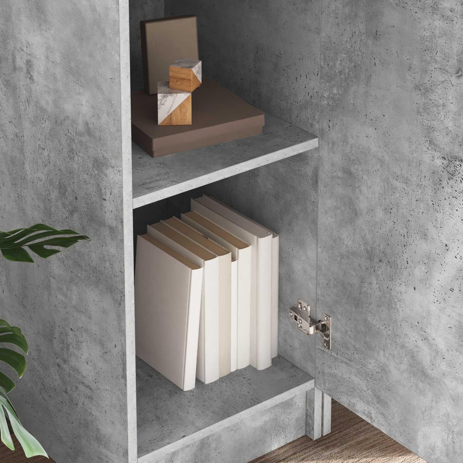 Scrivania in legno grigio cemento con ripiano e ante a cerniera, 113,5 x 39 x 168 cm, postazione di lavoro per ufficio, casa, computer, laptop, ripiano e spazio per riporre oggetti