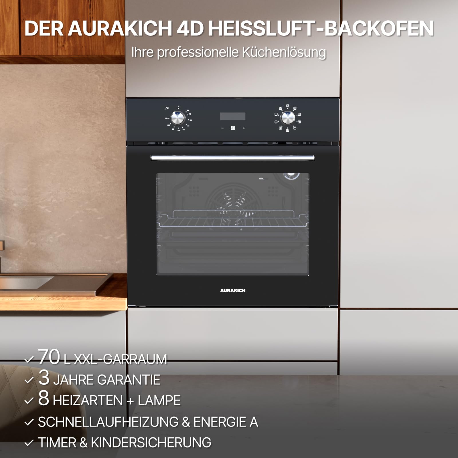 Einbaubackofen 60 cm, 70 L Volumen, 4D Heißluft, 8 Heizarten, Schnellaufheizung, inkl. Timer & Kindersicherung, Energieeffizienz A, 3 Jahre Garantie, Schwarz