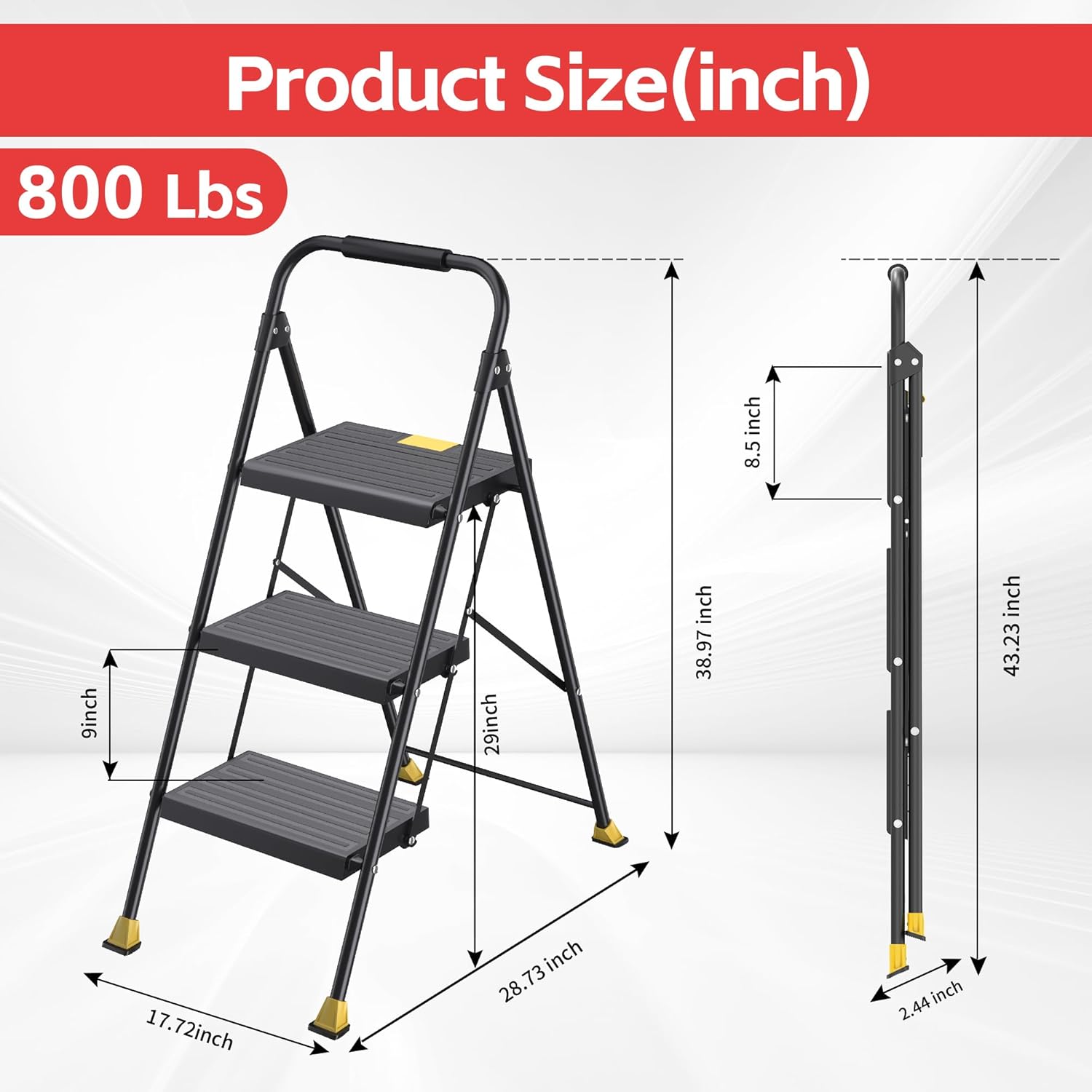 3 Step Foldable Step Ladder with Handrails for Home Adults, Tall Extension Heavy Duty 800Lbs Stool for Indoor Kitchen & Closet