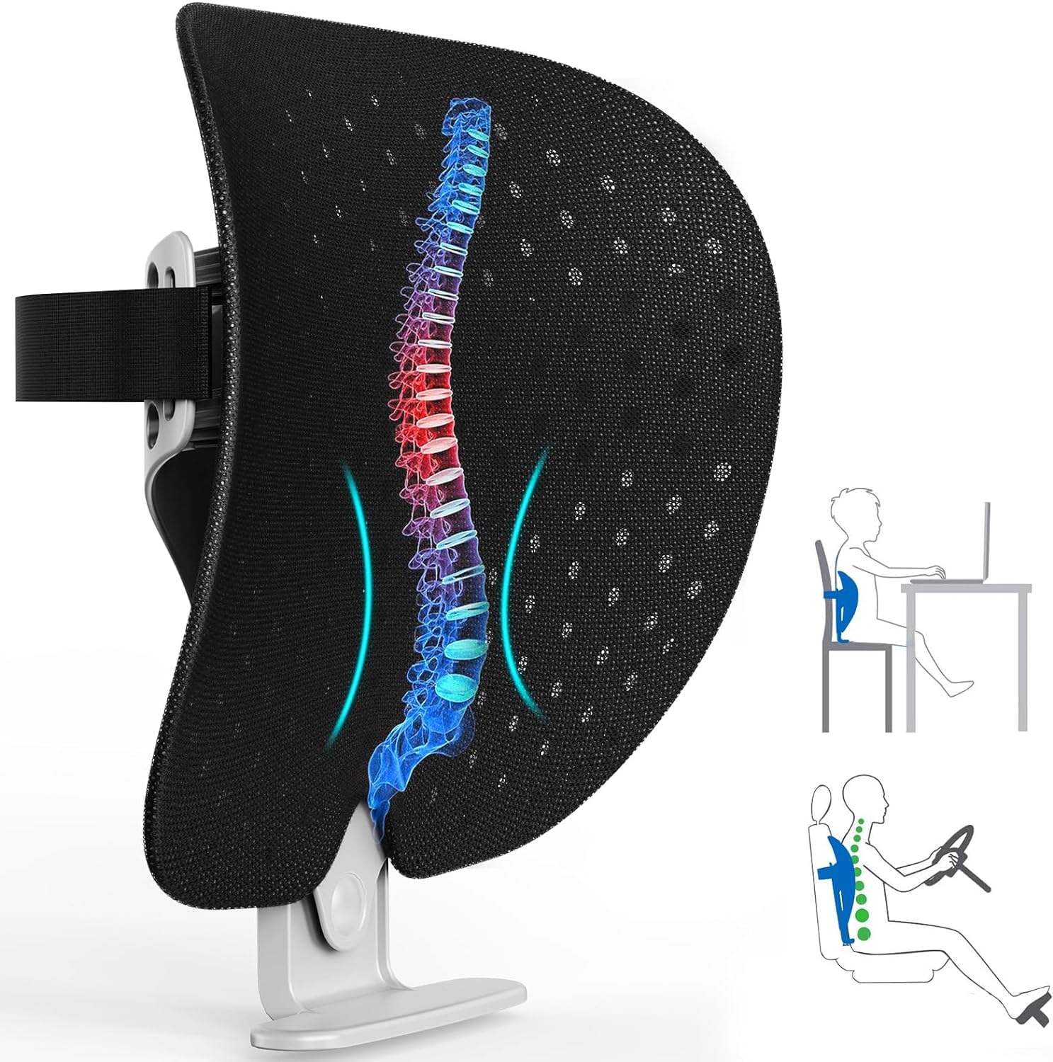 Lumbar Support - Breathable Mesh Office & Car Chair Back Support with Adjustable Support for All-Day Comfort Support Cushion Back Pillow for Sleeping, Driving