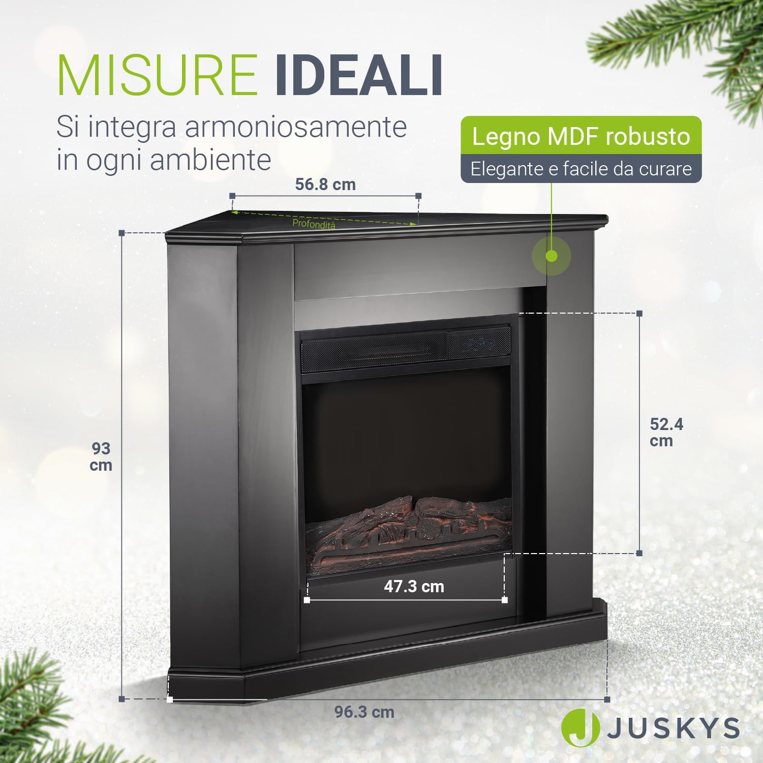 Juskys camino elettrico 1000/2000 W con riscaldamento, fuoco di camino, effetto fiamma, telecomando, illuminazione a LED e timer - Camino elettrico angolare nero