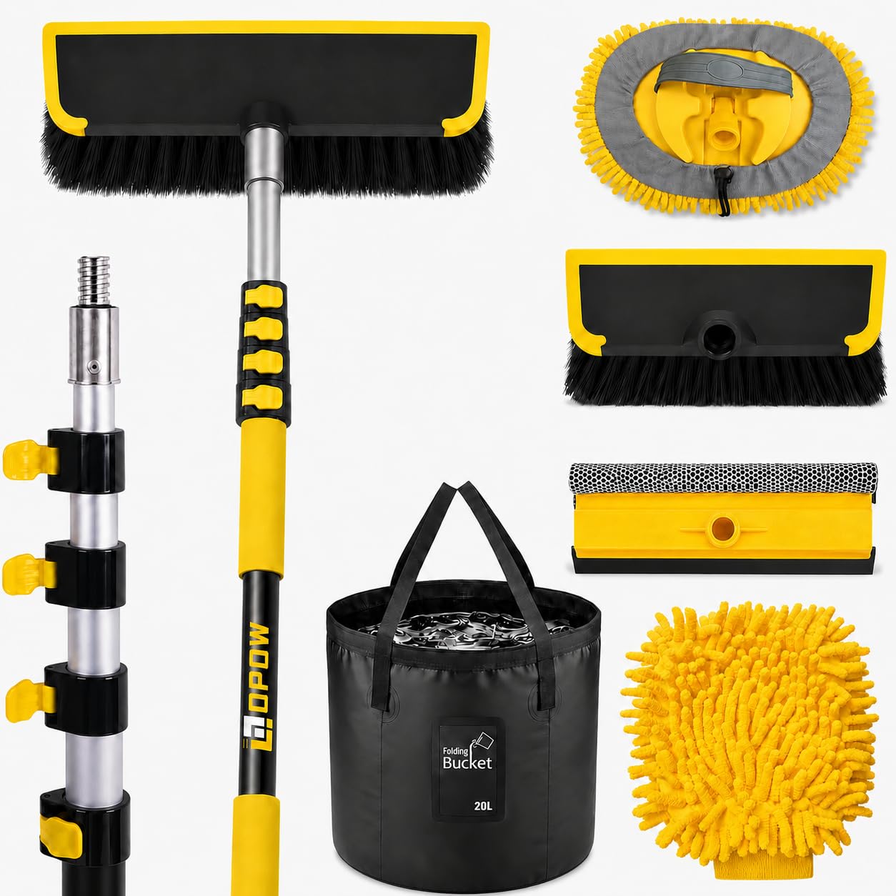 Kit de escobilla de cepillo de lavado de coche de 144 pulgadas con cubo plegable, poste telescópico, contenedor de agua plegable, impermeable, manopla, esponja, toalla súper absorbente, cerdas