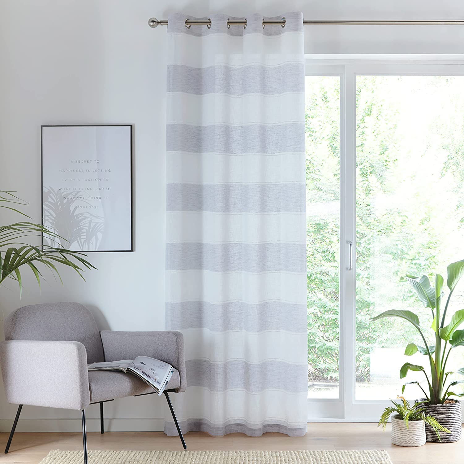 Maple Textiles 1 x Single Grey Stripe Linen Look Sheer Voile Curtain Panel Silver Eyelet Heading Top 55" Wide for Your Home Lounge, Bedroom (1, Grey, 90"(229cm) Drop)
