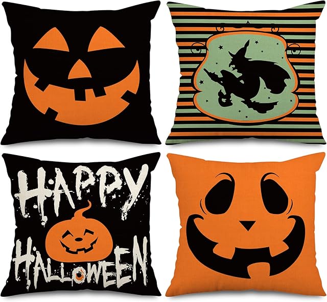 AnyDesign Halloween Throw Pillow Covers Pumpkin Witch Pillow Case Black Orange Pumpkin Face Cushion Cover Spooky Farmhouse Decor for Home Couch Sofa Car, 18 x 18 Inch, Set of 4