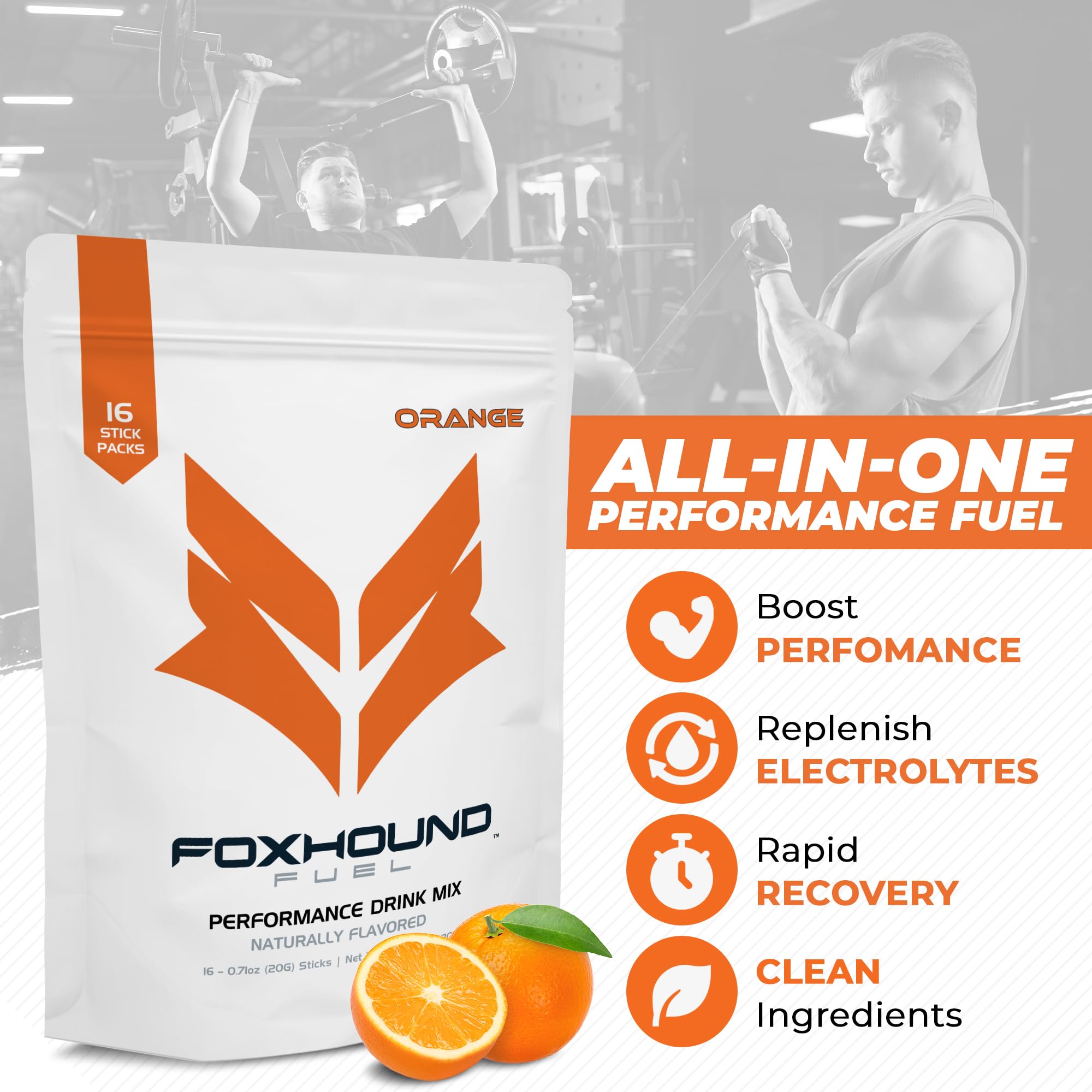 Foxhound Performance Drink Mix | Energy, Hydration, Recovery | Clean Blend of Electrolytes, Vitamins, Carbs and Caffiene for Men and Women | Natural Ingredients | 16 Stick Packs