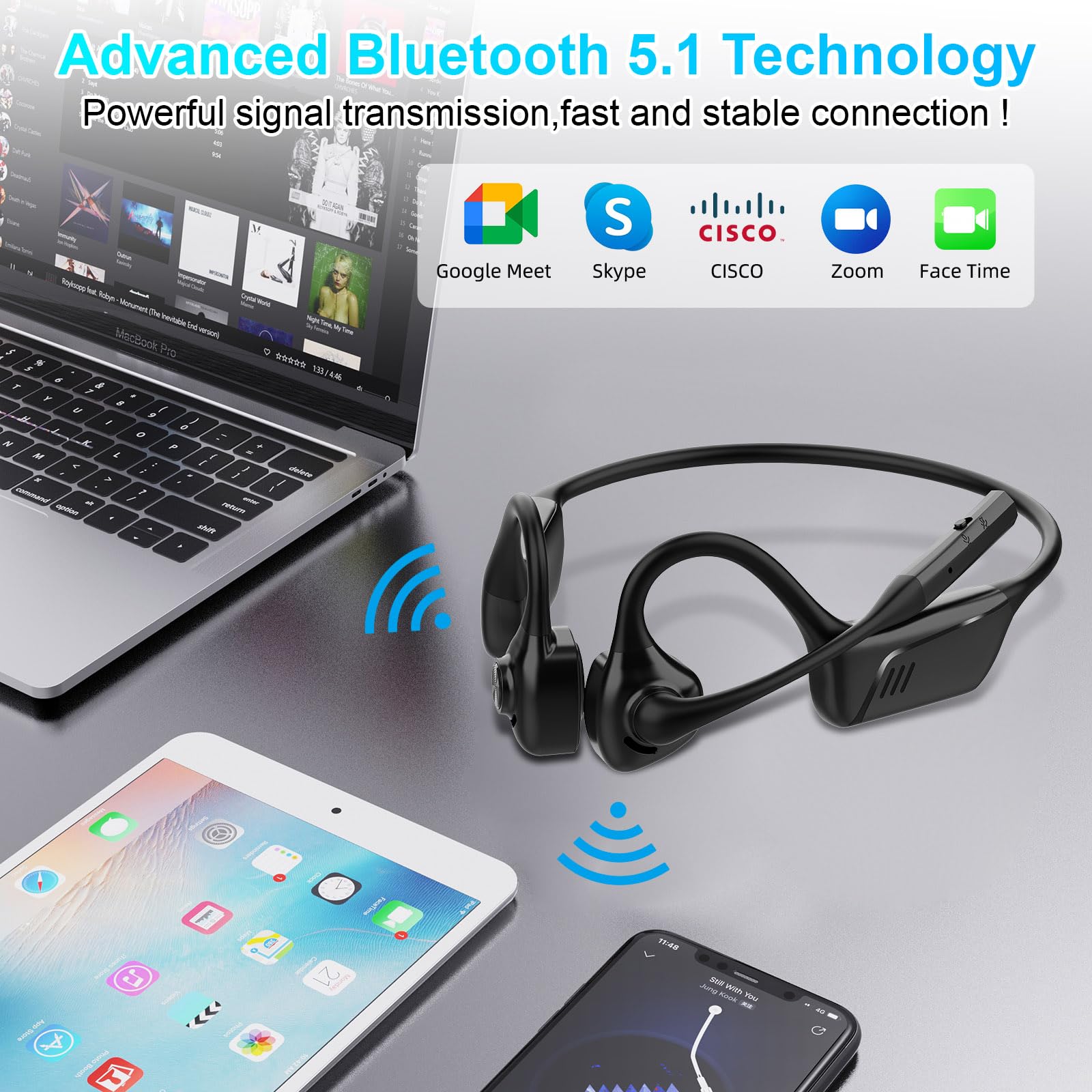 ZIOCOM Cuffie open ear, cuffie Bluetooth 5.1 con microfono, cancellazione del rumore ENC e pulsante muto, cuffie wireless AptX-LL leggere per la guida in ufficio e il lavoro a casa-10 ore (NERO) | AptX-LL - Cuffie wireless ENC con cancellazione del rumore
