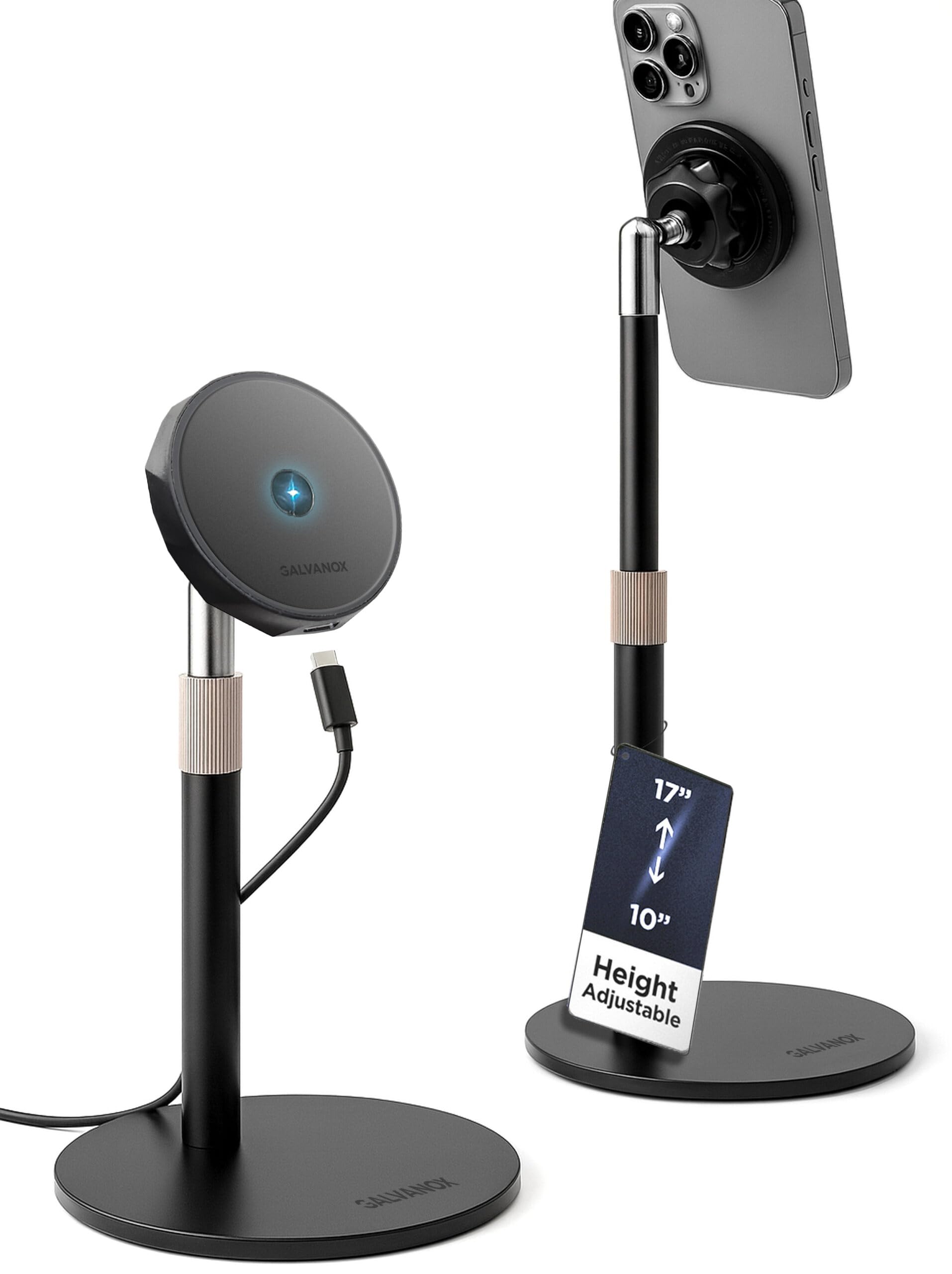 GALVANOX Magnetic Fast-Charging Desk Phone Stand (Adjustable Height) Compatible with MagSafe, Tall Wireless Charger, Heavy Metal Base (15W) Desktop