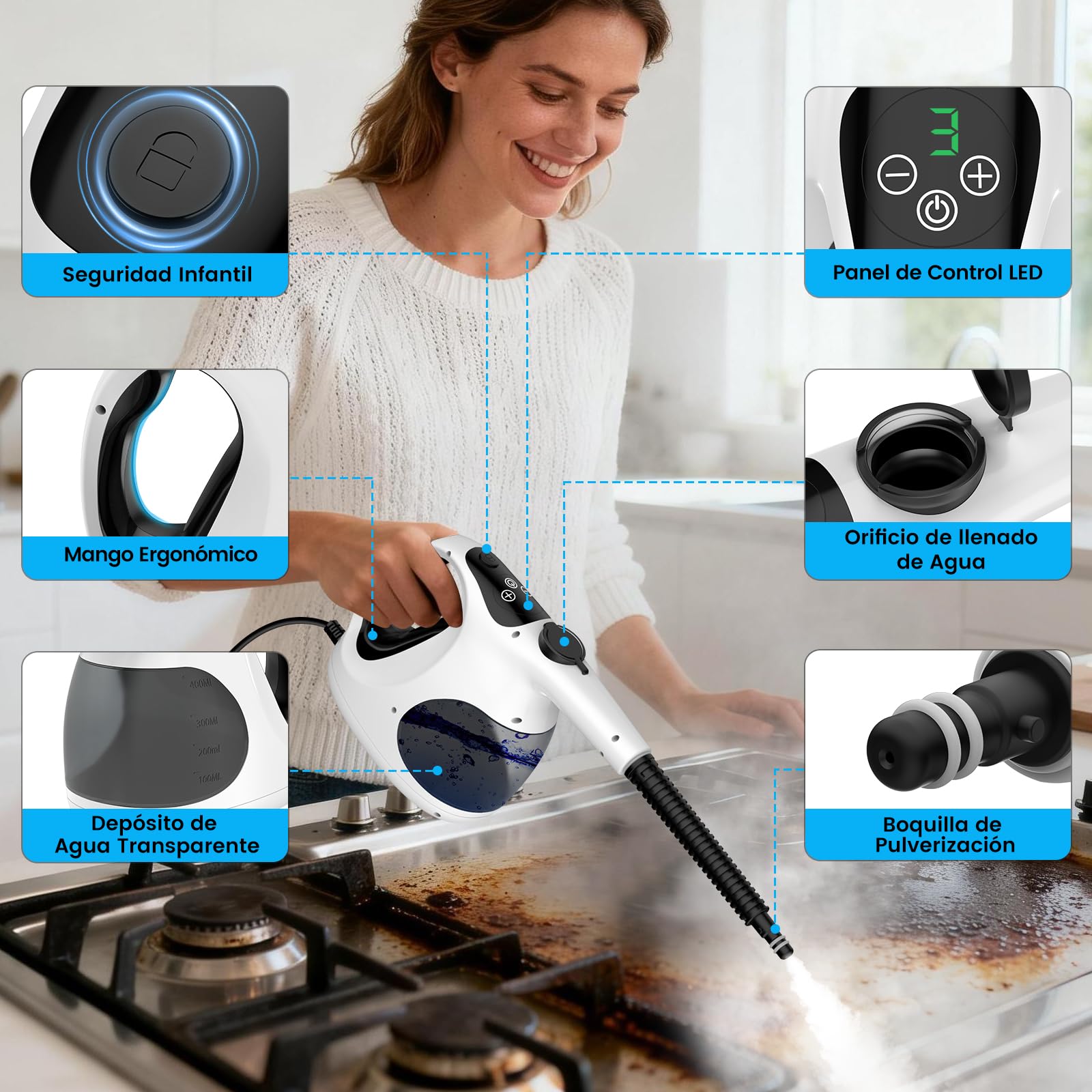 Vaporeta de Mano 1200W, Limpiador a Vapor Portátil con Calentamiento en 15s y Depósito de 400ML, Máquina de Limpieza a Vapor Ligera con 10 Accesorios para Limpieza Hogar, Cocina, Baño (Blanco)
