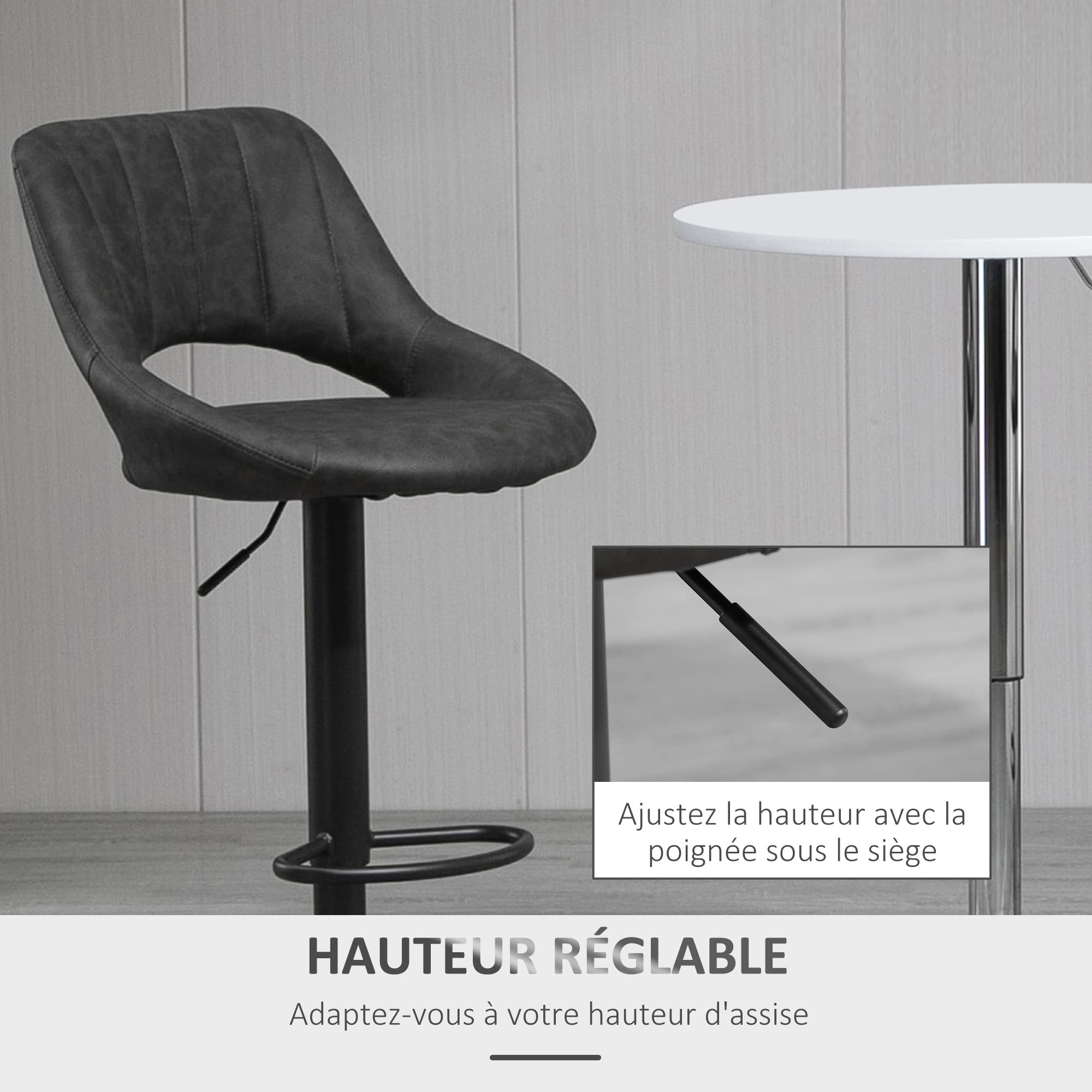 Homcom barkrukken, barstoelen, draaistoelen, set van 2 stuks, draaibaar in hoogte verstelbaar met rugleuning, modern design, kunstleer, zwart, 48,5 x 55,5 x 90-110 cm
