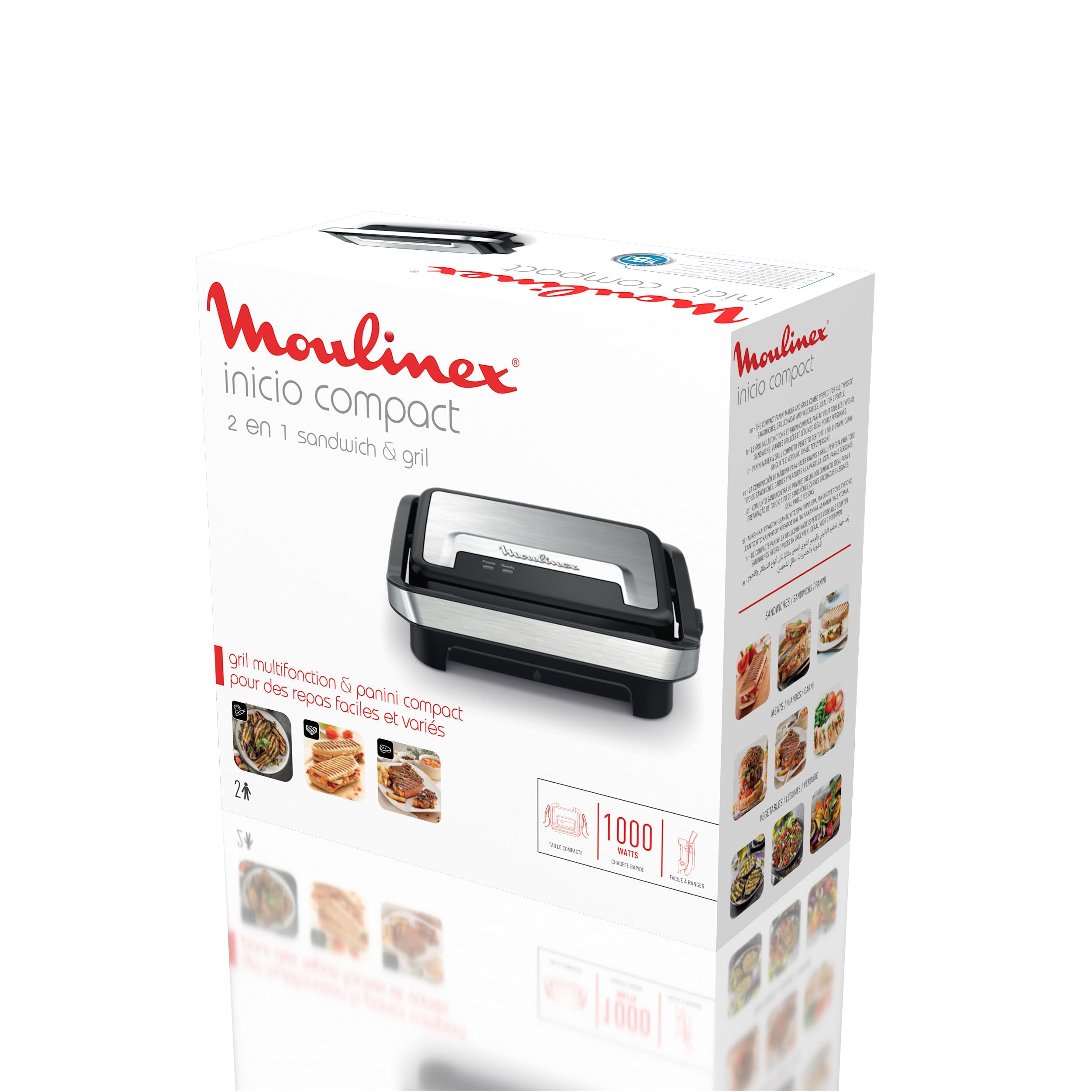 Moulinex Inicio Compact, plancha de paninis y grill, placas de cocción antiadherentes, fácil de guardar, fácil de lavar, GI270D10