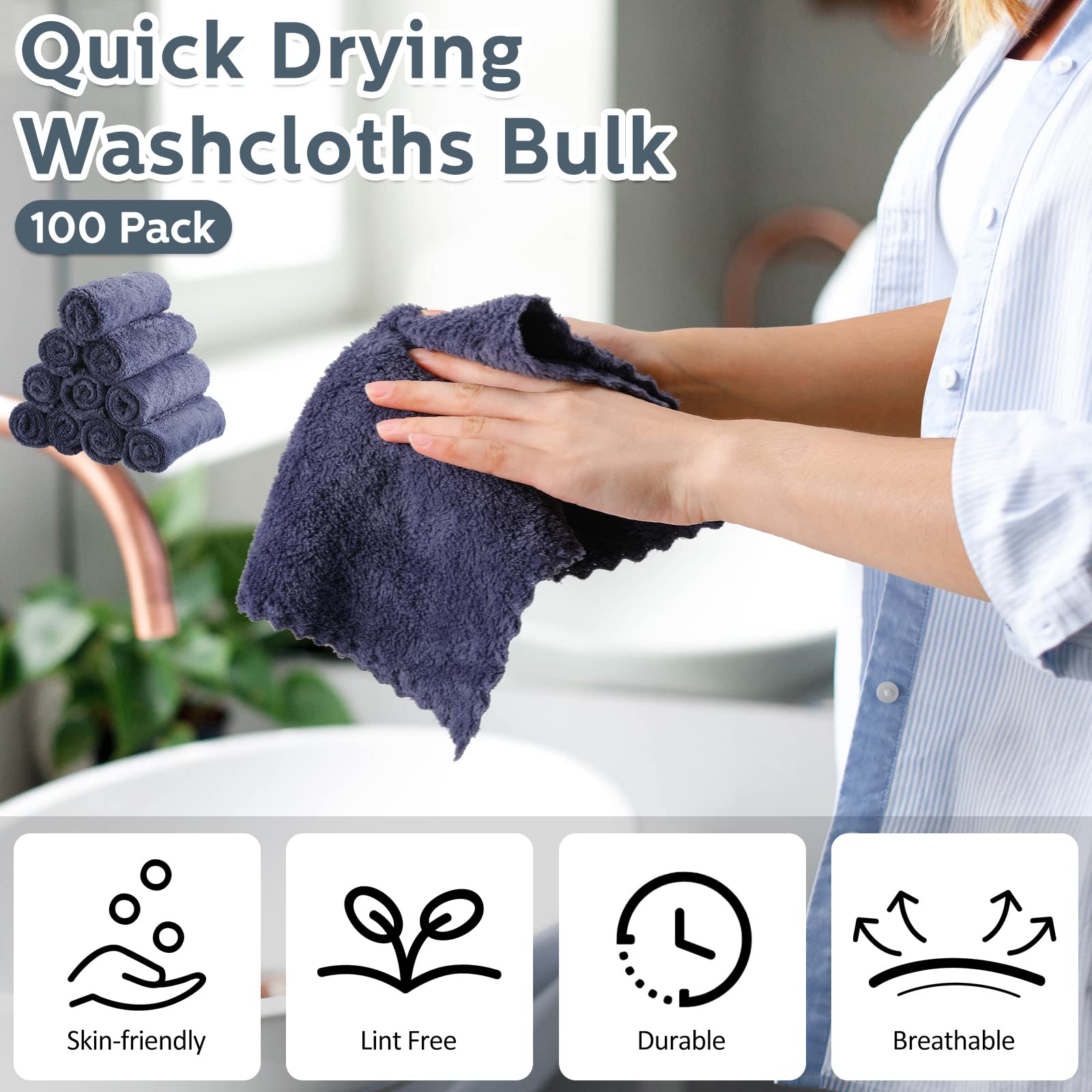 Newwiee 100 paños de baño de secado rápido a granel, 12 x 12 pulgadas, toallas faciales de microfibra suave para tu cuerpo, spa y dedos (gris oscuro)